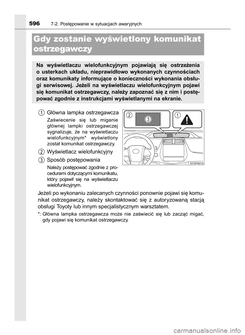 TOYOTA PRIUS 2015  Instrukcja obsługi (in Polish) G∏ówna lampka ostrzegawcza
ZaÊwiecenie  si´  lub  miganie
g∏ównej  lampki  ostrzegawczej
sygnalizuje,  ˝e  na  wyÊwietlaczu
wielofunkcyjnym*  wyÊwietlony
zosta∏ komunikat ostrzegawczy.
Wy