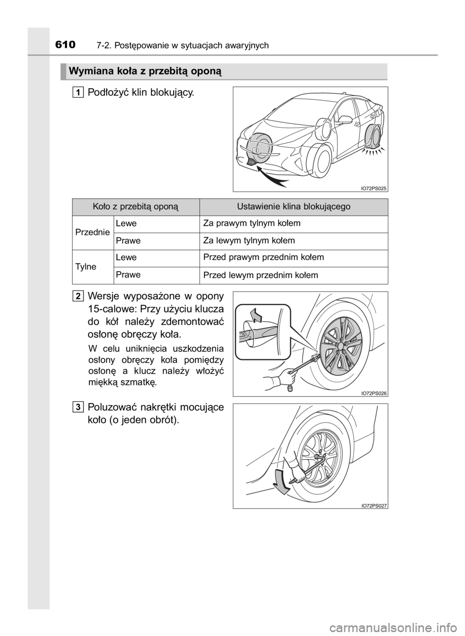 TOYOTA PRIUS 2015  Instrukcja obsługi (in Polish) Pod∏o˝yç klin blokujàcy.
Wersje  wyposa˝one  w opony
15-calowe: Przy u˝yciu klucza
do  kó∏  nale˝y  zdemontowaç
os∏on´ obr´czy ko∏a.
W celu  unikni´cia  uszkodzenia
os∏ony  obr´c