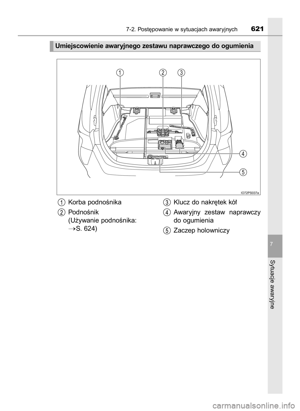 TOYOTA PRIUS 2015  Instrukcja obsługi (in Polish) Korba podnoÊnika
PodnoÊnik
(U˝ywanie podnoÊnika:
S. 624)Klucz do nakr´tek kó∏
Awaryjny  zestaw  naprawczy
do ogumienia
Zaczep holowniczy
7-2. Post´powanie w sytuacjach awaryjnych621
7
Sytuac
