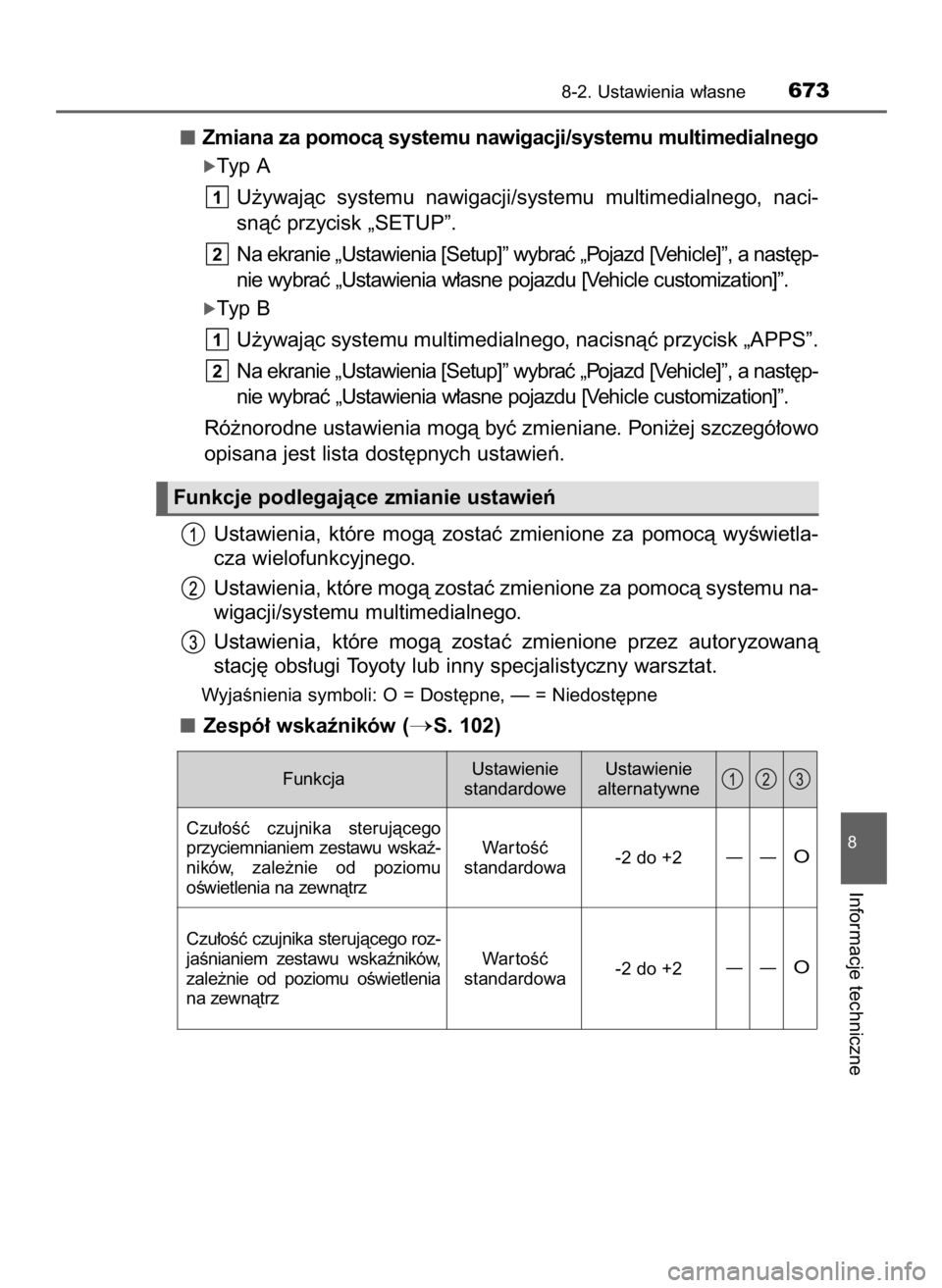 TOYOTA PRIUS 2016  Instrukcja obsługi (in Polish) Zmiana za pomocà systemu nawigacji/systemu multimedialnego
óTyp A
U˝ywajàc  systemu  nawigacji/systemu  multimedialnego,  naci-
snàç przycisk „SETUP”.
Na ekranie „Ustawienia [Setup]” wyb