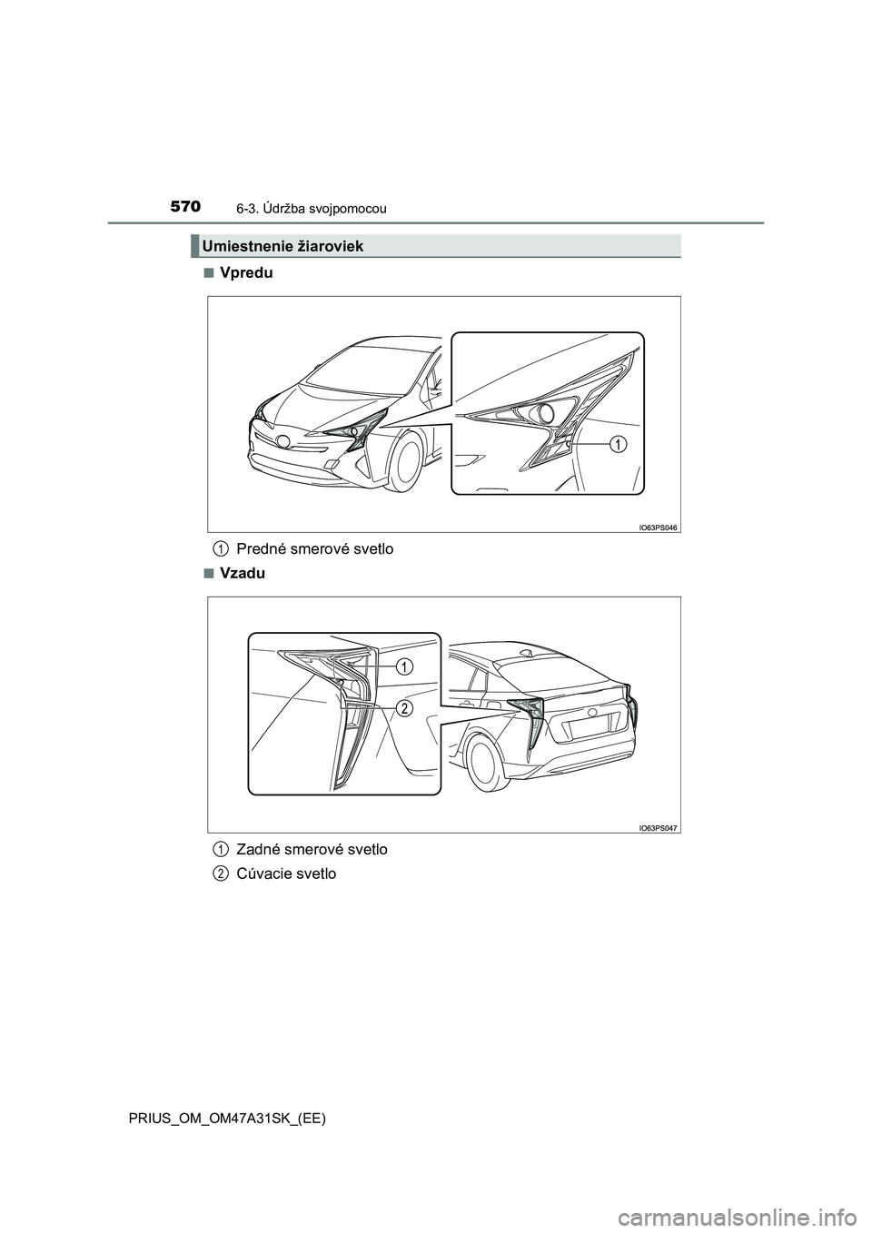 TOYOTA PRIUS 2016  Návod na použitie (in Slovakian) 5706-3. Údržba svojpomocou
PRIUS_OM_OM47A31SK_(EE)■
Vpredu
Predné smerové svetlo
■Vzadu
Zadné smerové svetlo
Cúvacie svetlo
Umiestnenie žiaroviek
1
1
2 