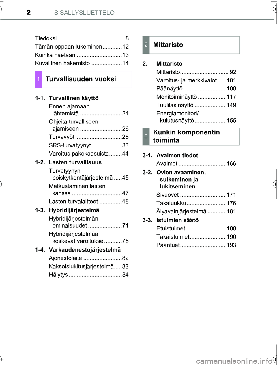 TOYOTA PRIUS 2016 Omistajan Käsikirja (in Finnish) SISÄLLYSLUETTELO2
OM47A31FITiedoksi ..........................................8
Tämän oppaan lukeminen ............12
Kuinka haetaan ............................13
Kuvallinen hakemisto ............ TOYOTA PRIUS 2016 Omistajan Käsikirja (in Finnish) SISÄLLYSLUETTELO2
OM47A31FITiedoksi ..........................................8
Tämän oppaan lukeminen ............12
Kuinka haetaan ............................13
Kuvallinen hakemisto ............