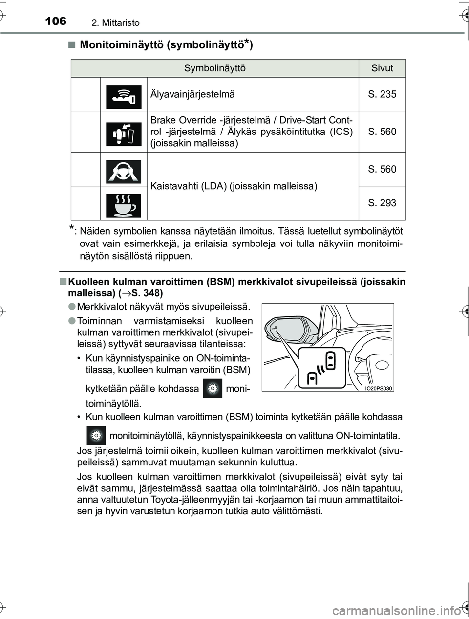 TOYOTA PRIUS 2016  Omistajan Käsikirja (in Finnish) 1062. Mittaristo
OM47A31FI■
Monitoiminäyttö (symbolinäyttö*)
*: Näiden symbolien kanssa näytetään il
moitus. Tässä luetellut symbolinäytöt
ovat vain esimerkkejä, ja erilaisia symboleja 