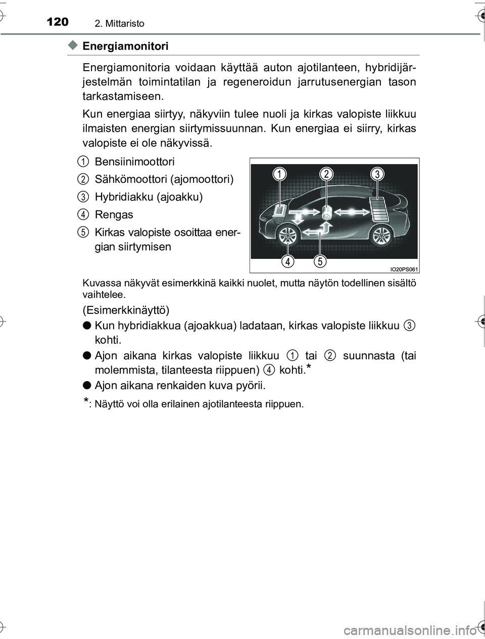TOYOTA PRIUS 2016  Omistajan Käsikirja (in Finnish) 1202. Mittaristo
OM47A31FI
◆Energiamonitori
Energiamonitoria voidaan käyttää auton ajotilanteen, hybridijär-
jestelmän toimintatilan ja regeneroidun jarrutusenergian tason
tarkastamiseen.
Kun e