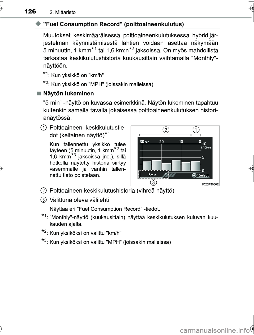 TOYOTA PRIUS 2016  Omistajan Käsikirja (in Finnish) 1262. Mittaristo
OM47A31FI
◆"Fuel Consumption Record" (polttoaineenkulutus)
Muutokset keskimääräisessä polttoa ineenkulutuksessa hybridijär-
jestelmän käynnistämisestä lä htien voidaan ase