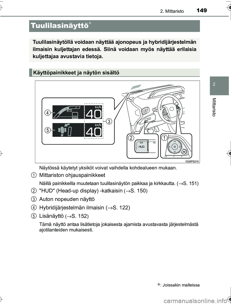 TOYOTA PRIUS 2016  Omistajan Käsikirja (in Finnish) 149
2
2. Mittaristo
Mittaristo
OM47A31FI
Tuulilasinäyttö∗
Näytössä käytetyt yksiköt voivat vaihdella kohdealueen mukaan.
Mittariston ohjauspainikkeet
Näillä painikkeilla muutetaan tuulilasi