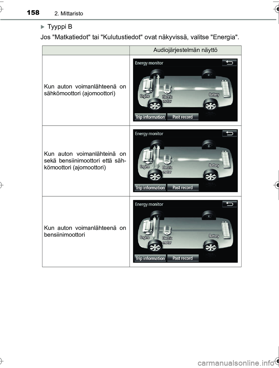 TOYOTA PRIUS 2016  Omistajan Käsikirja (in Finnish) 1582. Mittaristo
OM47A31FI
�XTy y p p i  B
Jos "Matkatiedot" tai "Kulutustiedot"  ovat näkyvissä, valitse "Energia".
Audiojärjestelmän näyttö
Kun auton voimanlähteenä on
sähkömoottori (ajomo
