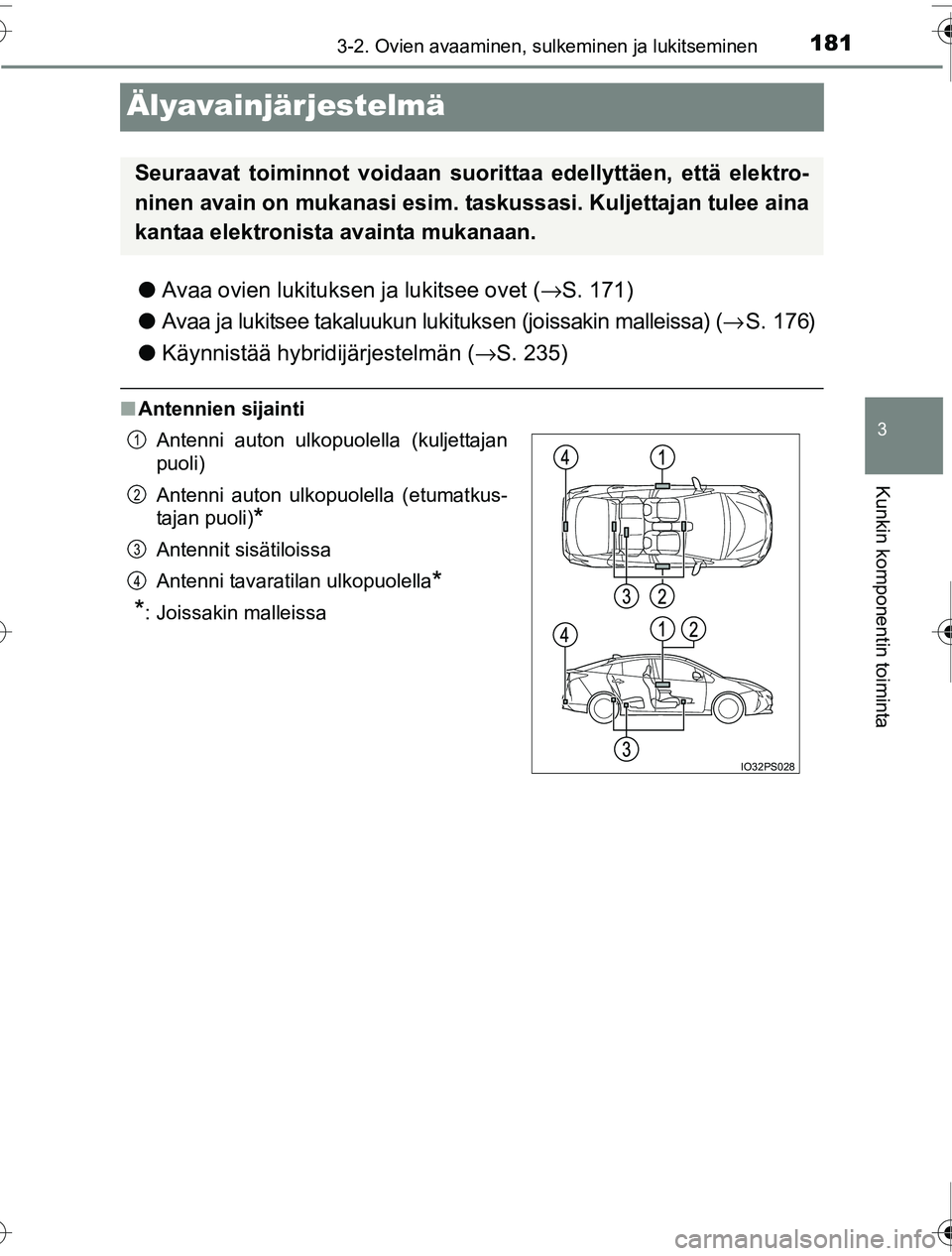TOYOTA PRIUS 2016 Omistajan Käsikirja (in Finnish) 181
3
3-2. Ovien avaaminen, sulkeminen ja lukitseminen
Kunkin komponentin toiminta
OM47A31FI
Älyavainjärjestelmä
●Avaa ovien lukituksen ja lukitsee ovet ( →S. 171)
● Avaa ja lukitsee takaluuk TOYOTA PRIUS 2016 Omistajan Käsikirja (in Finnish) 181
3
3-2. Ovien avaaminen, sulkeminen ja lukitseminen
Kunkin komponentin toiminta
OM47A31FI
Älyavainjärjestelmä
●Avaa ovien lukituksen ja lukitsee ovet ( →S. 171)
● Avaa ja lukitsee takaluuk