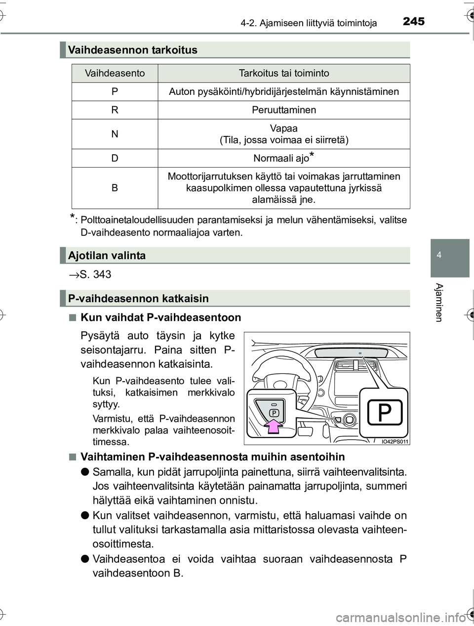TOYOTA PRIUS 2016 Omistajan Käsikirja (in Finnish) 2454-2. Ajamiseen liittyviä toimintoja
4
Ajaminen
OM47A31FI
*: Polttoainetaloudellisuuden parantamiseksi ja melun vähentämiseksi, valitseD-vaihdeasento normaaliajoa varten.
→ S. 343
■Kun vaihda TOYOTA PRIUS 2016 Omistajan Käsikirja (in Finnish) 2454-2. Ajamiseen liittyviä toimintoja
4
Ajaminen
OM47A31FI
*: Polttoainetaloudellisuuden parantamiseksi ja melun vähentämiseksi, valitseD-vaihdeasento normaaliajoa varten.
→ S. 343
■Kun vaihda