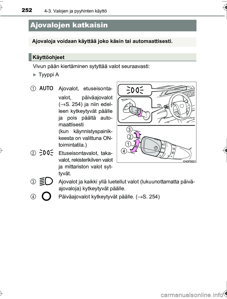 TOYOTA PRIUS 2016  Omistajan Käsikirja (in Finnish) 2524-3. Valojen ja pyyhinten käyttö
OM47A31FI
Ajovalojen katkaisin
Vivun pään kiertäminen sytyttää valot seuraavasti:
�XTy y p p i  AAjovalot, etuseisonta-
valot, päiväajovalot
(→ S. 254) j