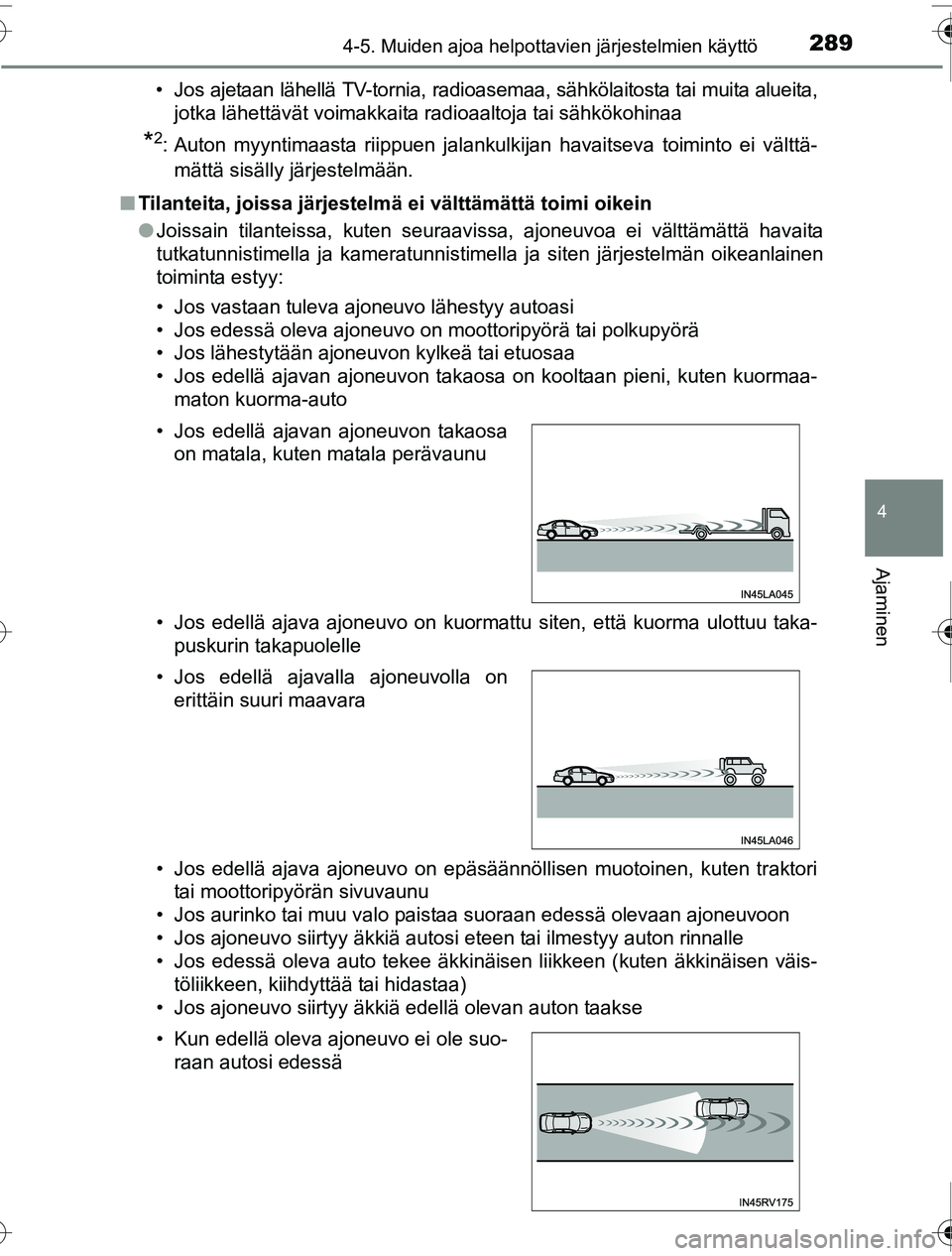 TOYOTA PRIUS 2016 Omistajan Käsikirja (in Finnish) 2894-5. Muiden ajoa helpottavien järjestelmien käyttö
4
Ajaminen
OM47A31FI• Jos ajetaan lähellä TV-tornia, radioasemaa, sähkölaitosta tai muita alueita,
jotka lähettävät voimakkaita radioa TOYOTA PRIUS 2016 Omistajan Käsikirja (in Finnish) 2894-5. Muiden ajoa helpottavien järjestelmien käyttö
4
Ajaminen
OM47A31FI• Jos ajetaan lähellä TV-tornia, radioasemaa, sähkölaitosta tai muita alueita,
jotka lähettävät voimakkaita radioa