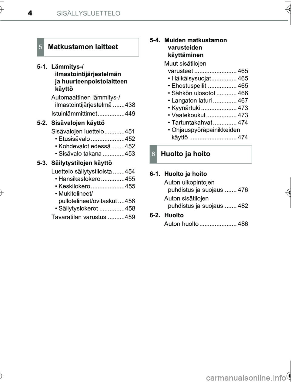 TOYOTA PRIUS 2016  Omistajan Käsikirja (in Finnish) SISÄLLYSLUETTELO4
OM47A31FI5-1. Lämmitys-/
ilmastointijärjestelmän 
ja huurteenpoistolaitteen 
käyttö
Automaattinen lämmitys-/ ilmastointijärjestelmä .......438
Istuinlämmittimet ...........