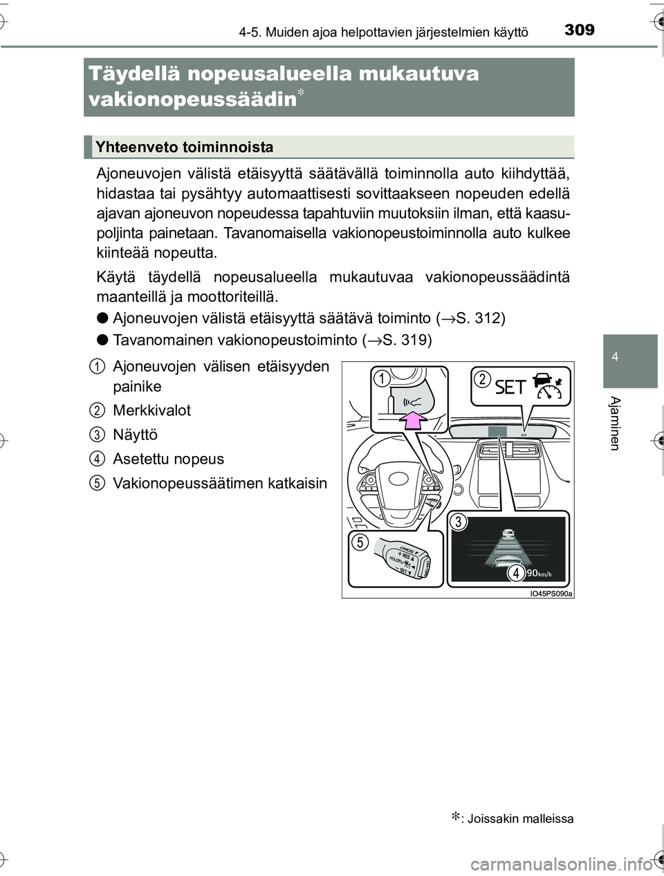 TOYOTA PRIUS 2016 Omistajan Käsikirja (in Finnish) 309
4
4-5. Muiden ajoa helpottavien järjestelmien käyttö
Ajaminen
OM47A31FI
Täydellä nopeusalueella mukautuva
vakionopeussäädin∗
Ajoneuvojen välistä etäisyyttä säätävällä toiminnoll TOYOTA PRIUS 2016 Omistajan Käsikirja (in Finnish) 309
4
4-5. Muiden ajoa helpottavien järjestelmien käyttö
Ajaminen
OM47A31FI
Täydellä nopeusalueella mukautuva
vakionopeussäädin∗
Ajoneuvojen välistä etäisyyttä säätävällä toiminnoll