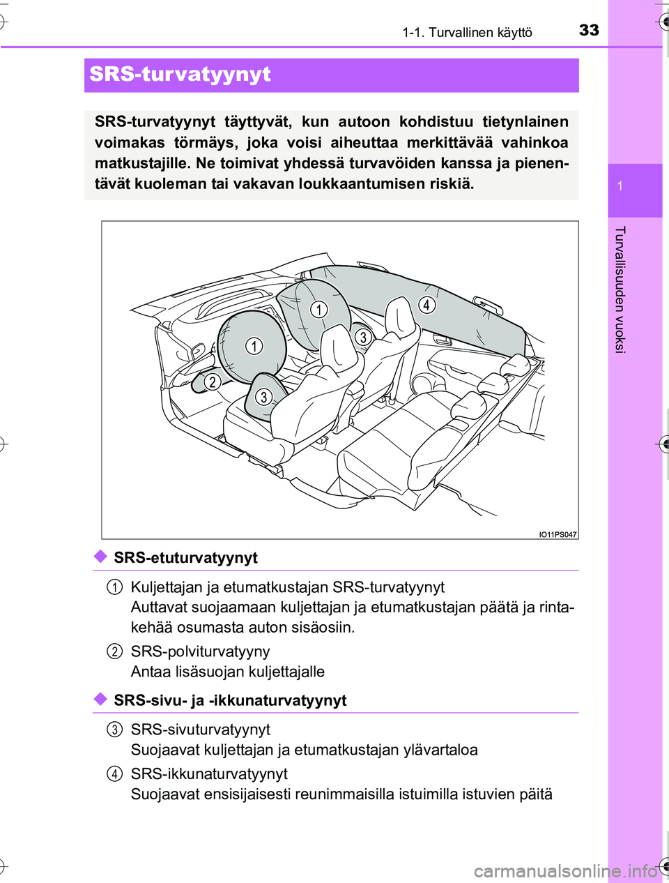 TOYOTA PRIUS 2016 Omistajan Käsikirja (in Finnish) 331-1. Turvallinen käyttö
1
Turvallisuuden vuoksi
OM47A31FI
SRS-tur vatyynyt
◆SRS-etuturvatyynytKuljettajan ja etumatkustajan SRS-turvatyynyt
Auttavat suojaamaan kuljettajan ja etumatkustajan pä TOYOTA PRIUS 2016 Omistajan Käsikirja (in Finnish) 331-1. Turvallinen käyttö
1
Turvallisuuden vuoksi
OM47A31FI
SRS-tur vatyynyt
◆SRS-etuturvatyynytKuljettajan ja etumatkustajan SRS-turvatyynyt
Auttavat suojaamaan kuljettajan ja etumatkustajan pä