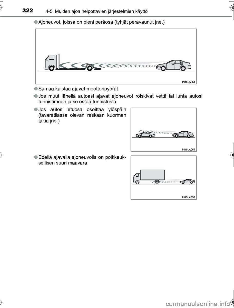 TOYOTA PRIUS 2016 Omistajan Käsikirja (in Finnish) 3224-5. Muiden ajoa helpottavien järjestelmien käyttö
OM47A31FI●
Ajoneuvot, joissa on pieni peräosa (tyhjät perävaunut jne.)
● Samaa kaistaa ajavat moottoripyörät
● Jos muut lähellä au TOYOTA PRIUS 2016 Omistajan Käsikirja (in Finnish) 3224-5. Muiden ajoa helpottavien järjestelmien käyttö
OM47A31FI●
Ajoneuvot, joissa on pieni peräosa (tyhjät perävaunut jne.)
● Samaa kaistaa ajavat moottoripyörät
● Jos muut lähellä au