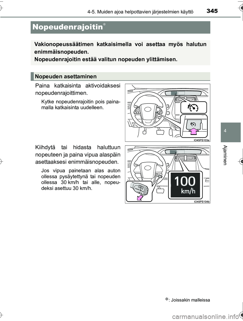 TOYOTA PRIUS 2016 Omistajan Käsikirja (in Finnish) 345
4
4-5. Muiden ajoa helpottavien järjestelmien käyttö
Ajaminen
OM47A31FI
Nopeudenrajoitin∗
Paina katkaisinta aktivoidaksesi
nopeudenrajoittimen.
Kytke nopeudenrajoitin pois paina-
malla katkai TOYOTA PRIUS 2016 Omistajan Käsikirja (in Finnish) 345
4
4-5. Muiden ajoa helpottavien järjestelmien käyttö
Ajaminen
OM47A31FI
Nopeudenrajoitin∗
Paina katkaisinta aktivoidaksesi
nopeudenrajoittimen.
Kytke nopeudenrajoitin pois paina-
malla katkai