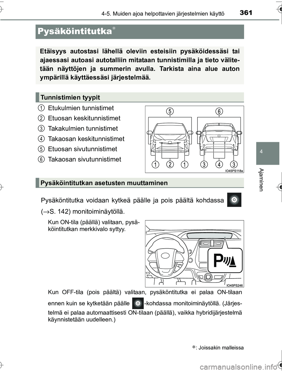 TOYOTA PRIUS 2016  Omistajan Käsikirja (in Finnish) 361
4
4-5. Muiden ajoa helpottavien järjestelmien käyttö
Ajaminen
OM47A31FI
Pysäköintitutka∗
Etukulmien tunnistimet
Etuosan keskitunnistimet
Takakulmien tunnistimet
Takaosan keskitunnistimet
Et
