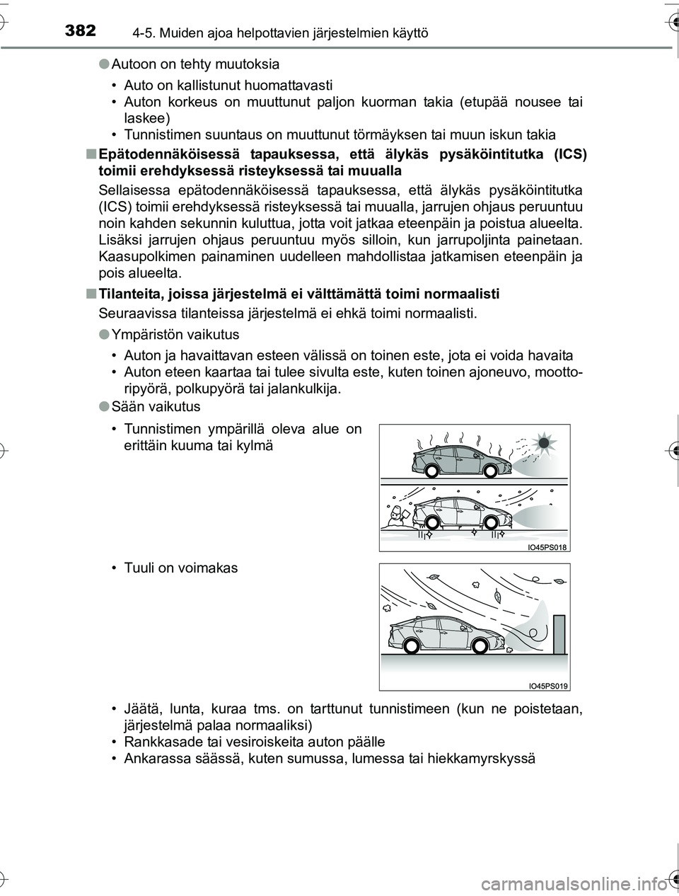 TOYOTA PRIUS 2016  Omistajan Käsikirja (in Finnish) 3824-5. Muiden ajoa helpottavien järjestelmien käyttö
OM47A31FI●
Autoon on tehty muutoksia
• Auto on kallistunut huomattavasti
• Auton korkeus on muuttunut paljon kuorman takia (etupää nous