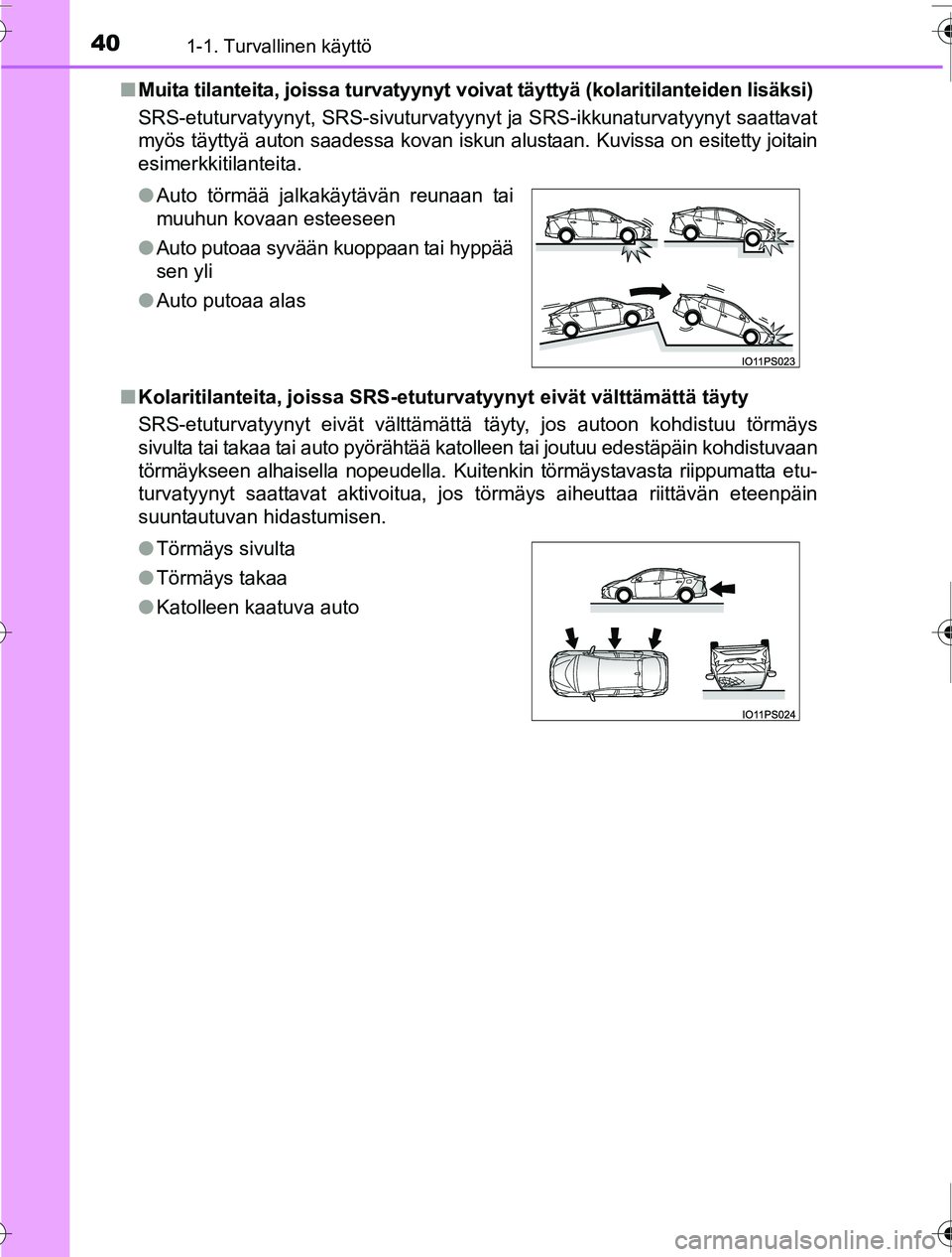TOYOTA PRIUS 2016 Omistajan Käsikirja (in Finnish) 401-1. Turvallinen käyttö
OM47A31FI■
Muita tilanteita, joissa turvatyynyt voiv at täyttyä (kolaritilanteiden lisäksi)
SRS-etuturvatyynyt, SRS-sivuturvatyynyt ja SRS-ikkunaturvatyynyt saattavat
TOYOTA PRIUS 2016 Omistajan Käsikirja (in Finnish) 401-1. Turvallinen käyttö
OM47A31FI■
Muita tilanteita, joissa turvatyynyt voiv at täyttyä (kolaritilanteiden lisäksi)
SRS-etuturvatyynyt, SRS-sivuturvatyynyt ja SRS-ikkunaturvatyynyt saattavat