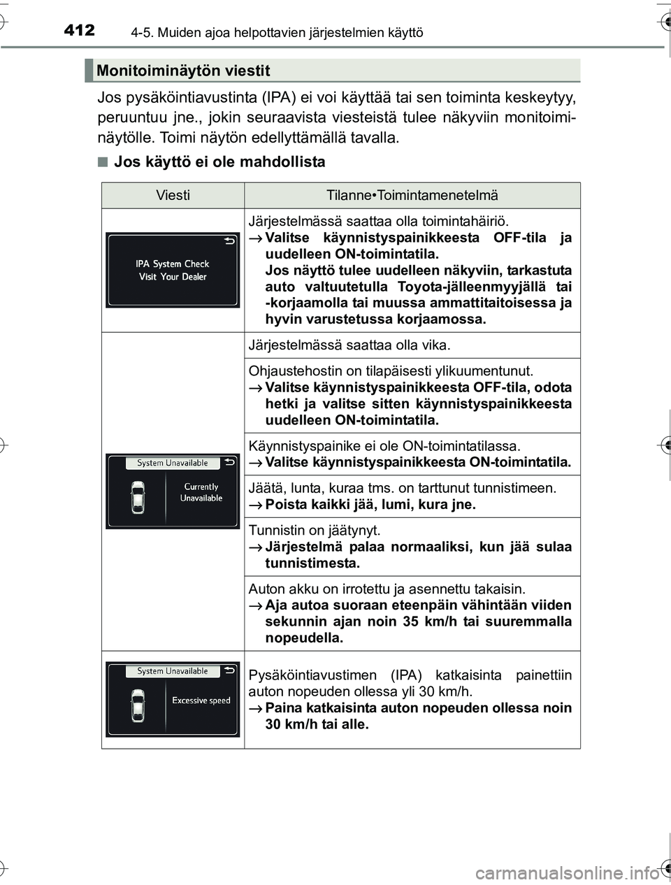 TOYOTA PRIUS 2016  Omistajan Käsikirja (in Finnish) 4124-5. Muiden ajoa helpottavien järjestelmien käyttö
OM47A31FI
Jos pysäköintiavustinta (IPA) ei voi käyttää tai sen toiminta keskeytyy,
peruuntuu jne., jokin seuraavista vi esteistä tulee n