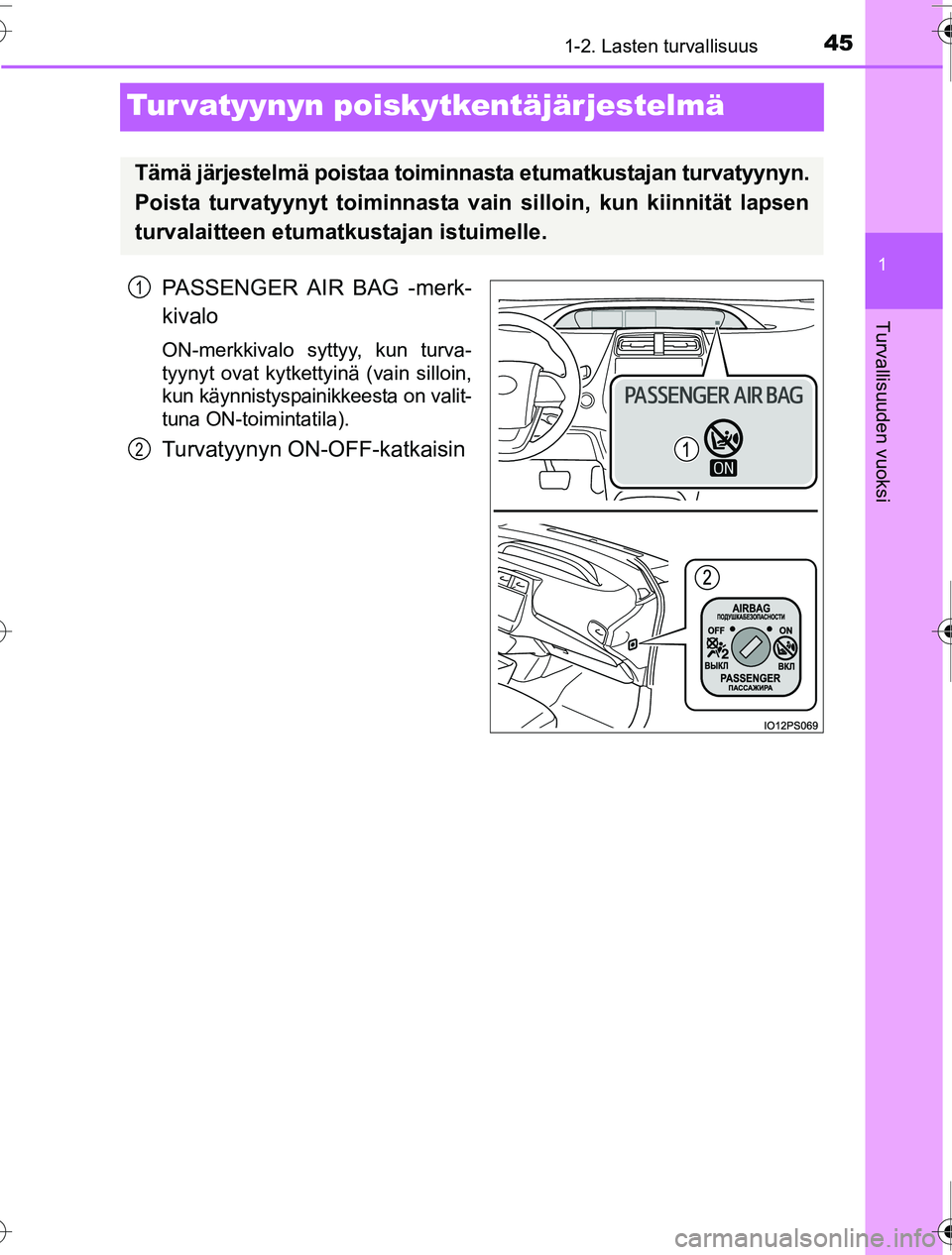 TOYOTA PRIUS 2016 Omistajan Käsikirja (in Finnish) 451-2. Lasten turvallisuus
1
Turvallisuuden vuoksi
OM47A31FI
Tur vatyynyn poiskytkentäjärjestelmä
PASSENGER AIR BAG -merk-
kivalo
ON-merkkivalo syttyy, kun turva-
tyynyt ovat kytkettyinä (vain sil TOYOTA PRIUS 2016 Omistajan Käsikirja (in Finnish) 451-2. Lasten turvallisuus
1
Turvallisuuden vuoksi
OM47A31FI
Tur vatyynyn poiskytkentäjärjestelmä
PASSENGER AIR BAG -merk-
kivalo
ON-merkkivalo syttyy, kun turva-
tyynyt ovat kytkettyinä (vain sil