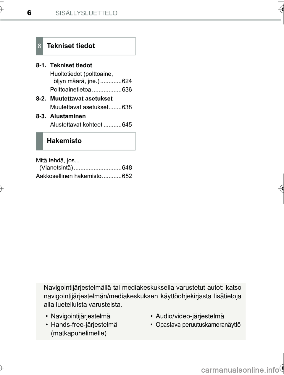 TOYOTA PRIUS 2016 Omistajan Käsikirja (in Finnish) SISÄLLYSLUETTELO6
OM47A31FI8-1. Tekniset tiedot
Huoltotiedot (polttoaine, öljyn määrä, jne.) .............624
Polttoainetietoa ..................636
8-2. Muutettavat asetukset Muutettavat asetuks TOYOTA PRIUS 2016 Omistajan Käsikirja (in Finnish) SISÄLLYSLUETTELO6
OM47A31FI8-1. Tekniset tiedot
Huoltotiedot (polttoaine, öljyn määrä, jne.) .............624
Polttoainetietoa ..................636
8-2. Muutettavat asetukset Muutettavat asetuks