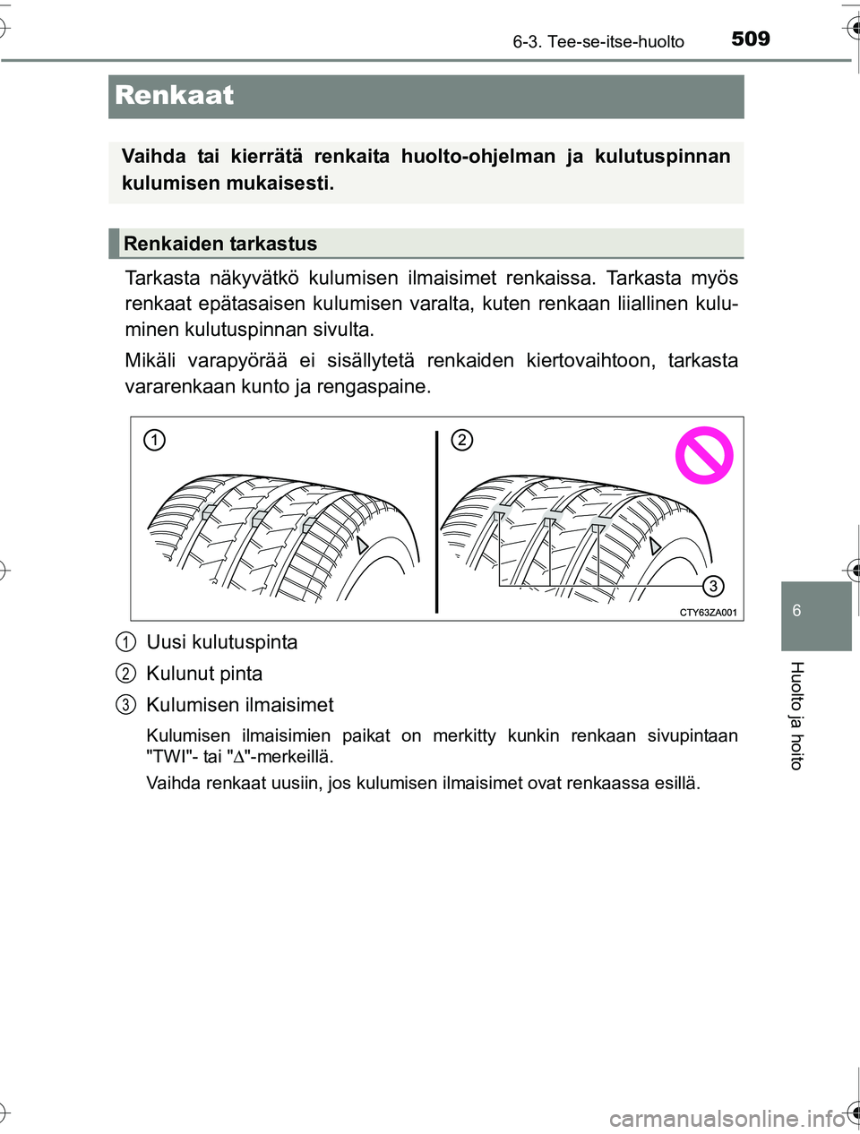 TOYOTA PRIUS 2016  Omistajan Käsikirja (in Finnish) 5096-3. Tee-se-itse-huolto
OM47A31FI
6
Huolto ja hoito
Renkaat
Tarkasta näkyvätkö kulumisen ilmaisimet renkaissa. Tarkasta myös
renkaat epätasaisen kulumisen varalt a, kuten renkaan liiallinen ku