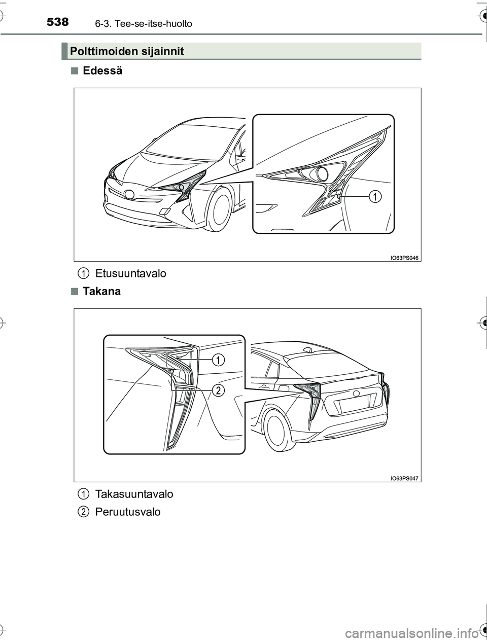 TOYOTA PRIUS 2016  Omistajan Käsikirja (in Finnish) 5386-3. Tee-se-itse-huolto
OM47A31FI■
Edessä
Etusuuntavalo
■Ta k a n a
Takasuuntavalo
Peruutusvalo
Polttimoiden sijainnit
1
1
2
OM47A31FI.book  Page 538  Friday, July 22, 2016  3:46 PM 