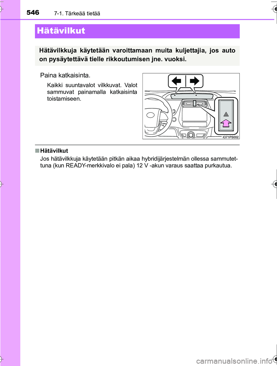 TOYOTA PRIUS 2016 Omistajan Käsikirja (in Finnish) 5467-1. Tärkeää tietää
OM47A31FI
Hätävilkut
Paina katkaisinta.
Kaikki suuntavalot vilkkuvat. Valot
sammuvat painamalla katkaisinta
toistamiseen.
■Hätävilkut
Jos hätävilkkuja käytetään TOYOTA PRIUS 2016 Omistajan Käsikirja (in Finnish) 5467-1. Tärkeää tietää
OM47A31FI
Hätävilkut
Paina katkaisinta.
Kaikki suuntavalot vilkkuvat. Valot
sammuvat painamalla katkaisinta
toistamiseen.
■Hätävilkut
Jos hätävilkkuja käytetään
