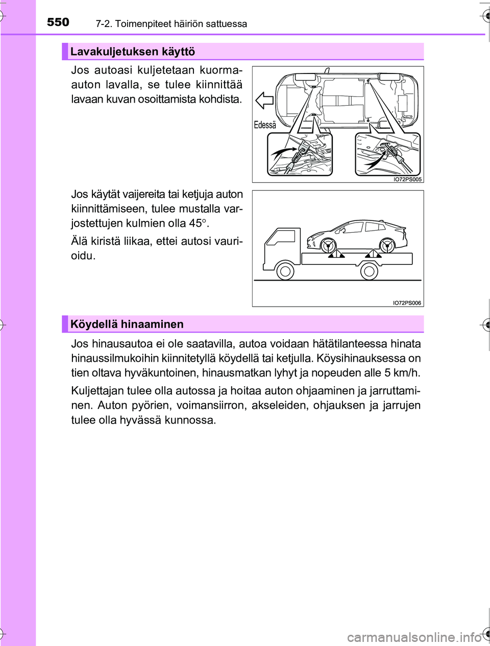 TOYOTA PRIUS 2016 Omistajan Käsikirja (in Finnish) 5507-2. Toimenpiteet häiriön sattuessa
OM47A31FI
Jos autoasi kuljetetaan kuorma-
auton lavalla, se tulee kiinnittää
lavaan kuvan osoittamista kohdista.
Jos käytät vaijereita tai ketjuja auton
ki TOYOTA PRIUS 2016 Omistajan Käsikirja (in Finnish) 5507-2. Toimenpiteet häiriön sattuessa
OM47A31FI
Jos autoasi kuljetetaan kuorma-
auton lavalla, se tulee kiinnittää
lavaan kuvan osoittamista kohdista.
Jos käytät vaijereita tai ketjuja auton
ki