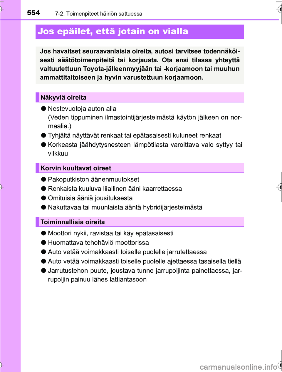 TOYOTA PRIUS 2016  Omistajan Käsikirja (in Finnish) 5547-2. Toimenpiteet häiriön sattuessa
OM47A31FI
Jos epäilet, että jotain on vialla
●Nestevuotoja auton alla
(Veden tippuminen ilmastointijärj estelmästä käytön jälkeen on nor-
maalia.)
