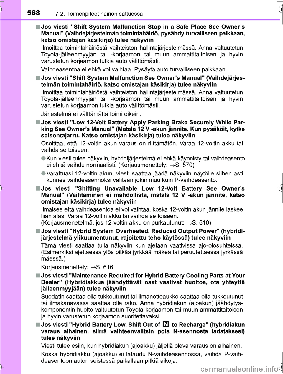 TOYOTA PRIUS 2016 Omistajan Käsikirja (in Finnish) 5687-2. Toimenpiteet häiriön sattuessa
OM47A31FI■
Jos viesti "Shift System Malfunctio n Stop in a Safe Place See Owner’s
Manual" (Vaihdejärjestelmän toimintahä iriö, pysähdy turvalliseen pa TOYOTA PRIUS 2016 Omistajan Käsikirja (in Finnish) 5687-2. Toimenpiteet häiriön sattuessa
OM47A31FI■
Jos viesti "Shift System Malfunctio n Stop in a Safe Place See Owner’s
Manual" (Vaihdejärjestelmän toimintahä iriö, pysähdy turvalliseen pa