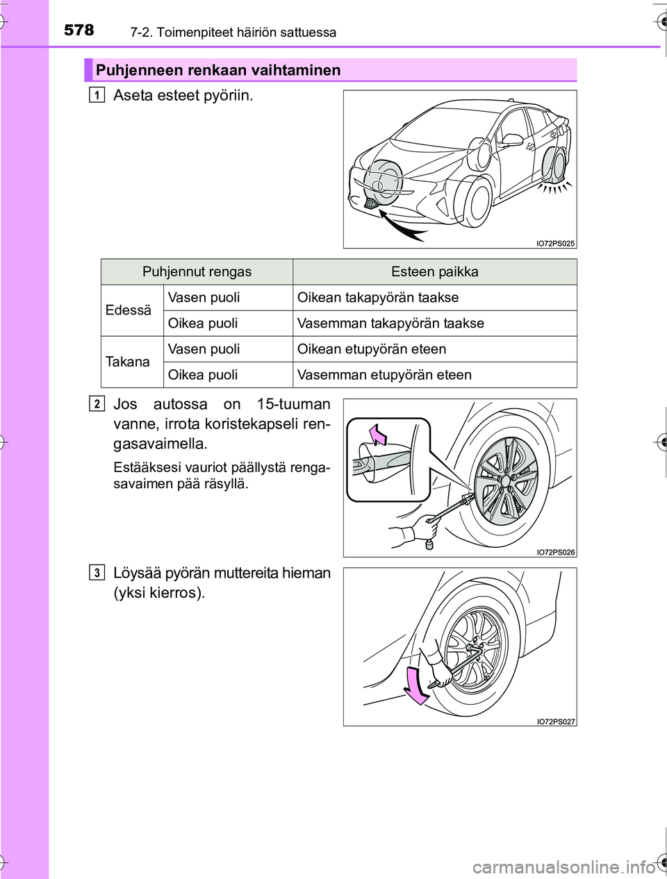 TOYOTA PRIUS 2016  Omistajan Käsikirja (in Finnish) 5787-2. Toimenpiteet häiriön sattuessa
OM47A31FI
Aseta esteet pyöriin.
Jos autossa on 15-tuuman
vanne, irrota koristekapseli ren-
gasavaimella.
Estääksesi vauriot päällystä renga-
savaimen pä