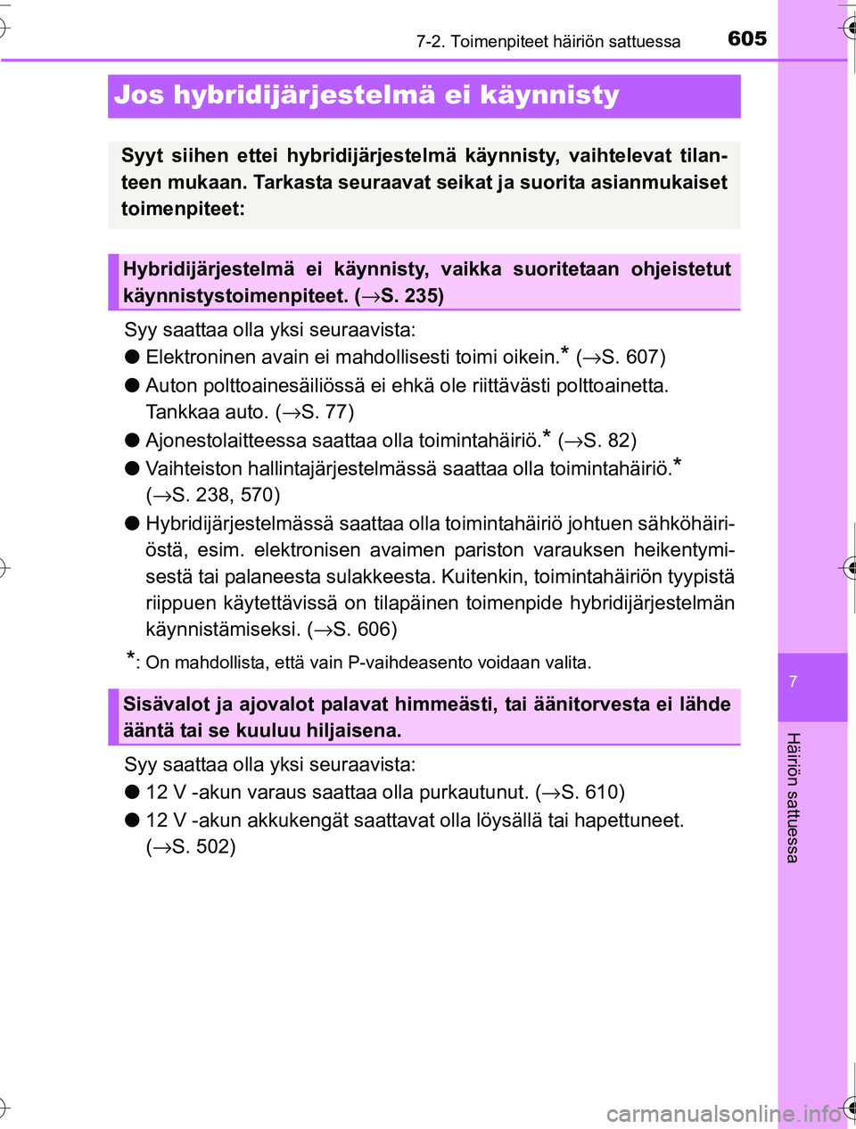 TOYOTA PRIUS 2016 Omistajan Käsikirja (in Finnish) 6057-2. Toimenpiteet häiriön sattuessa
OM47A31FI
7
Häiriön sattuessa
Jos hybridijärjestelmä ei käynnisty
Syy saattaa olla yksi seuraavista:
●Elektroninen avain ei mahdollisesti toimi oikein.
TOYOTA PRIUS 2016 Omistajan Käsikirja (in Finnish) 6057-2. Toimenpiteet häiriön sattuessa
OM47A31FI
7
Häiriön sattuessa
Jos hybridijärjestelmä ei käynnisty
Syy saattaa olla yksi seuraavista:
●Elektroninen avain ei mahdollisesti toimi oikein.