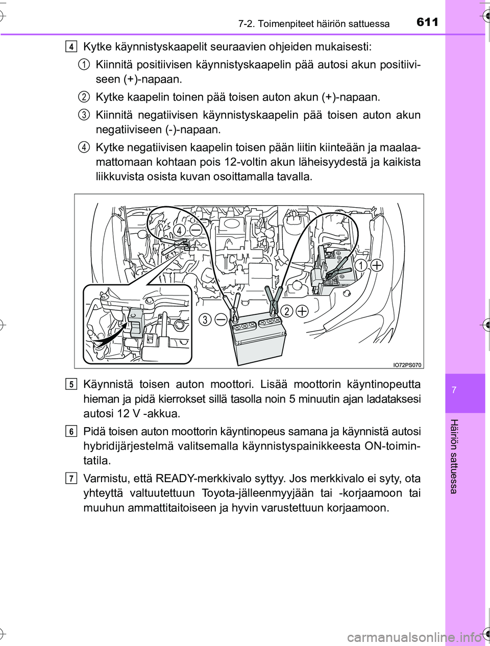 TOYOTA PRIUS 2016 Omistajan Käsikirja (in Finnish) 6117-2. Toimenpiteet häiriön sattuessa
OM47A31FI
7
Häiriön sattuessa
Kytke käynnistyskaapelit seuraavien ohjeiden mukaisesti:
Kiinnitä positiivisen kä ynnistyskaapelin pää autosi akun positii TOYOTA PRIUS 2016 Omistajan Käsikirja (in Finnish) 6117-2. Toimenpiteet häiriön sattuessa
OM47A31FI
7
Häiriön sattuessa
Kytke käynnistyskaapelit seuraavien ohjeiden mukaisesti:
Kiinnitä positiivisen kä ynnistyskaapelin pää autosi akun positii