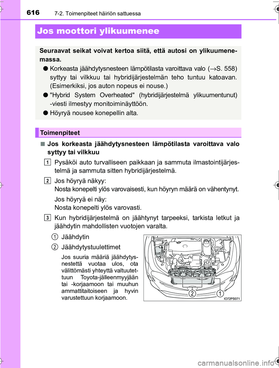 TOYOTA PRIUS 2016 Omistajan Käsikirja (in Finnish) 6167-2. Toimenpiteet häiriön sattuessa
OM47A31FI
Jos moottori ylikuumenee
■Jos korkeasta jäähdytysnesteen lämpötilasta varoittava valo
syttyy tai vilkkuuPysäköi auto turvalliseen paikkaan ja TOYOTA PRIUS 2016 Omistajan Käsikirja (in Finnish) 6167-2. Toimenpiteet häiriön sattuessa
OM47A31FI
Jos moottori ylikuumenee
■Jos korkeasta jäähdytysnesteen lämpötilasta varoittava valo
syttyy tai vilkkuuPysäköi auto turvalliseen paikkaan ja