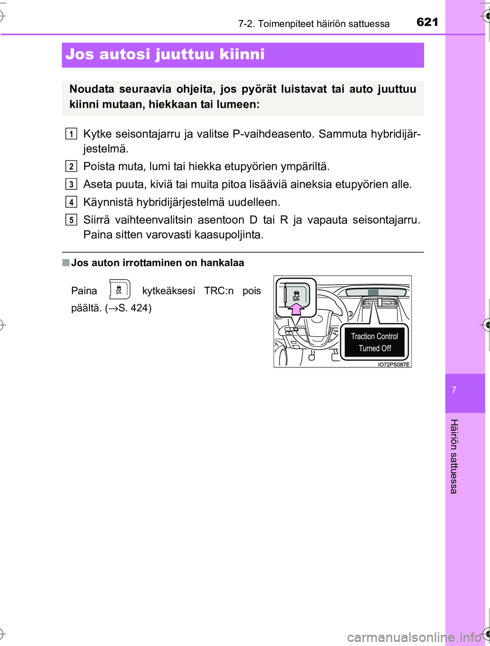 TOYOTA PRIUS 2016 Omistajan Käsikirja (in Finnish) 6217-2. Toimenpiteet häiriön sattuessa
OM47A31FI
7
Häiriön sattuessa
Jos autosi juuttuu kiinni
Kytke seisontajarru ja valitse P-vaihdeasento. Sammuta hybridijär-
jestelmä.
Poista muta, lumi tai TOYOTA PRIUS 2016 Omistajan Käsikirja (in Finnish) 6217-2. Toimenpiteet häiriön sattuessa
OM47A31FI
7
Häiriön sattuessa
Jos autosi juuttuu kiinni
Kytke seisontajarru ja valitse P-vaihdeasento. Sammuta hybridijär-
jestelmä.
Poista muta, lumi tai