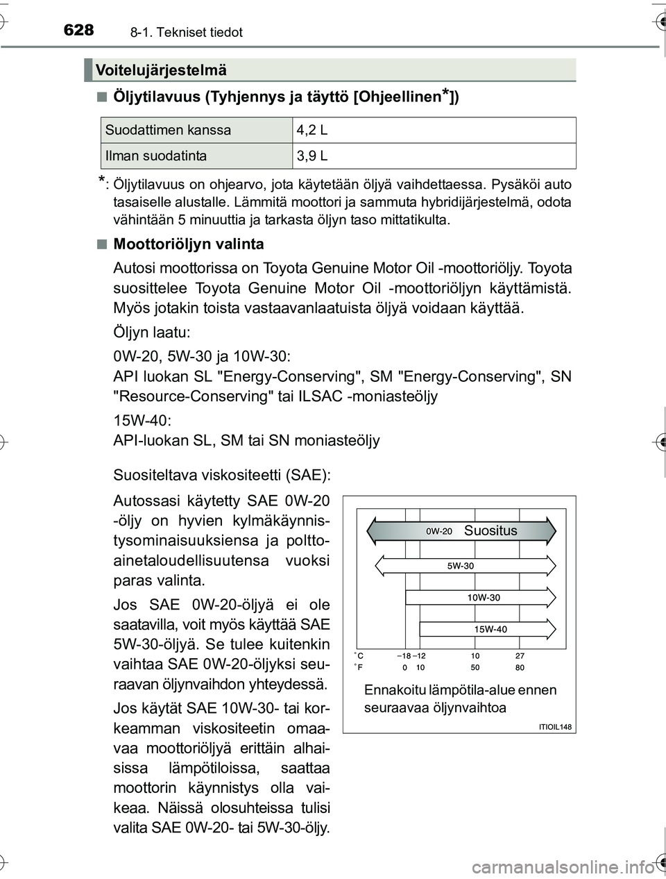 TOYOTA PRIUS 2016  Omistajan Käsikirja (in Finnish) 6288-1. Tekniset tiedot
OM47A31FI■
Öljytilavuus (Tyhjennys ja täyttö [Ohjeellinen*])
*: Öljytilavuus on ohjearvo, jota käytetään öljyä vaihdettaessa. Pysäköi auto
tasaiselle alustalle. L