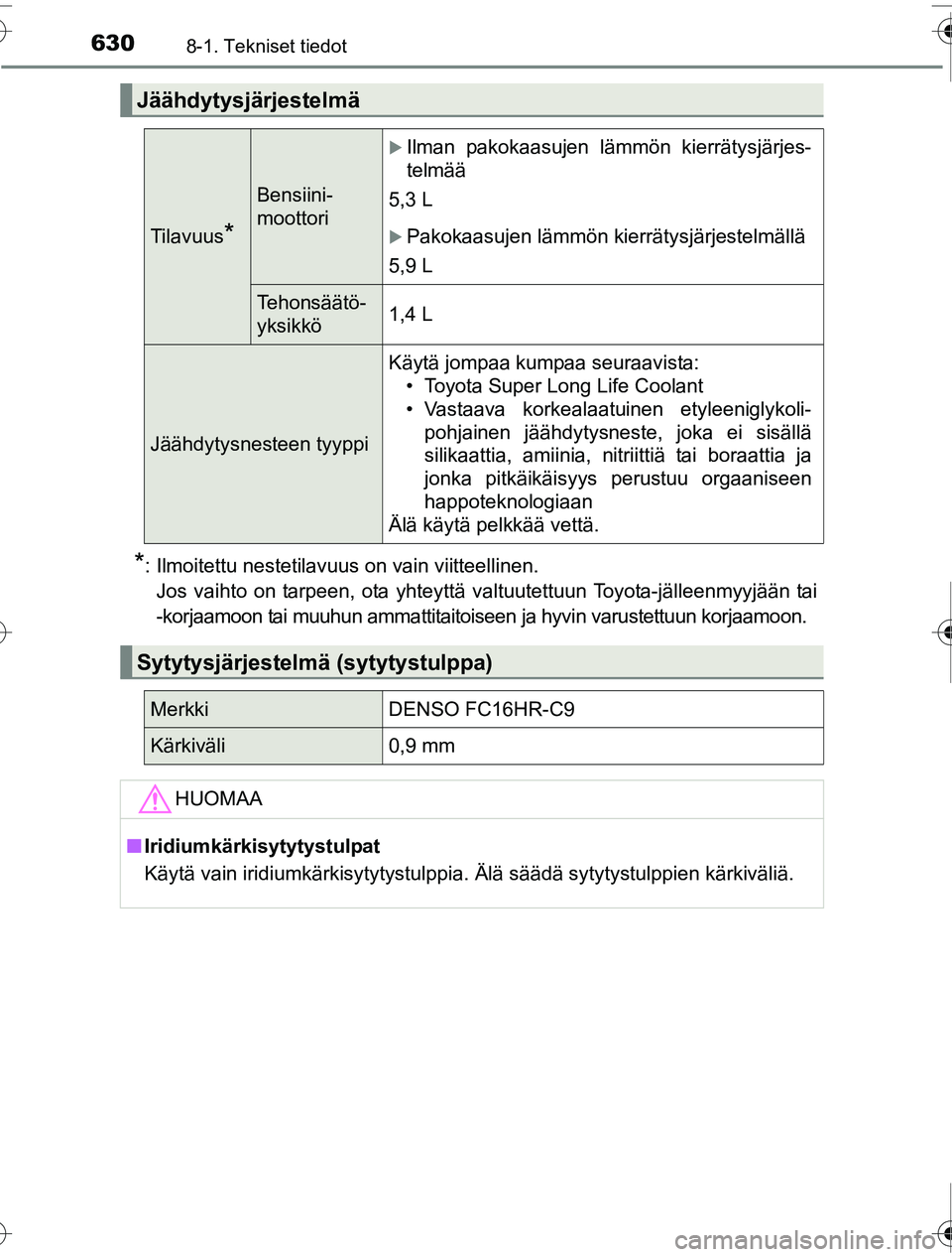 TOYOTA PRIUS 2016 Omistajan Käsikirja (in Finnish) 6308-1. Tekniset tiedot
OM47A31FI
*: Ilmoitettu nestetilavuus on vain viitteellinen.Jos vaihto on tarpeen, ota yhteyttä valtuutettuun Toyota-jälleenmyyjään tai
-korjaamoon tai muuhun ammattitaitoi TOYOTA PRIUS 2016 Omistajan Käsikirja (in Finnish) 6308-1. Tekniset tiedot
OM47A31FI
*: Ilmoitettu nestetilavuus on vain viitteellinen.Jos vaihto on tarpeen, ota yhteyttä valtuutettuun Toyota-jälleenmyyjään tai
-korjaamoon tai muuhun ammattitaitoi