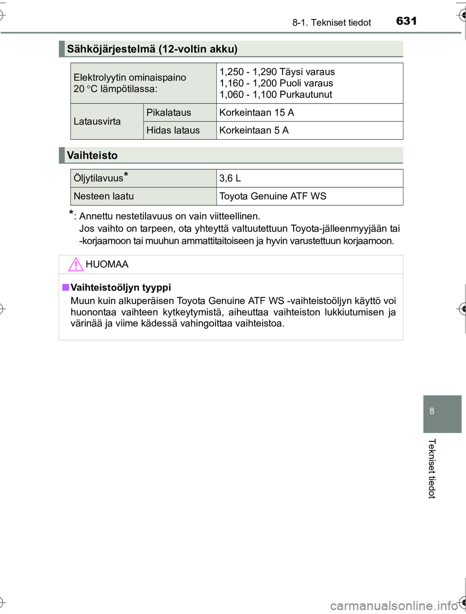 TOYOTA PRIUS 2016  Omistajan Käsikirja (in Finnish) 6318-1. Tekniset tiedot
OM47A31FI
8
Tekniset tiedot
*: Annettu nestetilavuus on vain viitteellinen.Jos vaihto on tarpeen, ota yhteyttä valtuutettuun Toyota-jälleenmyyjään tai
-korjaamoon tai muuhu