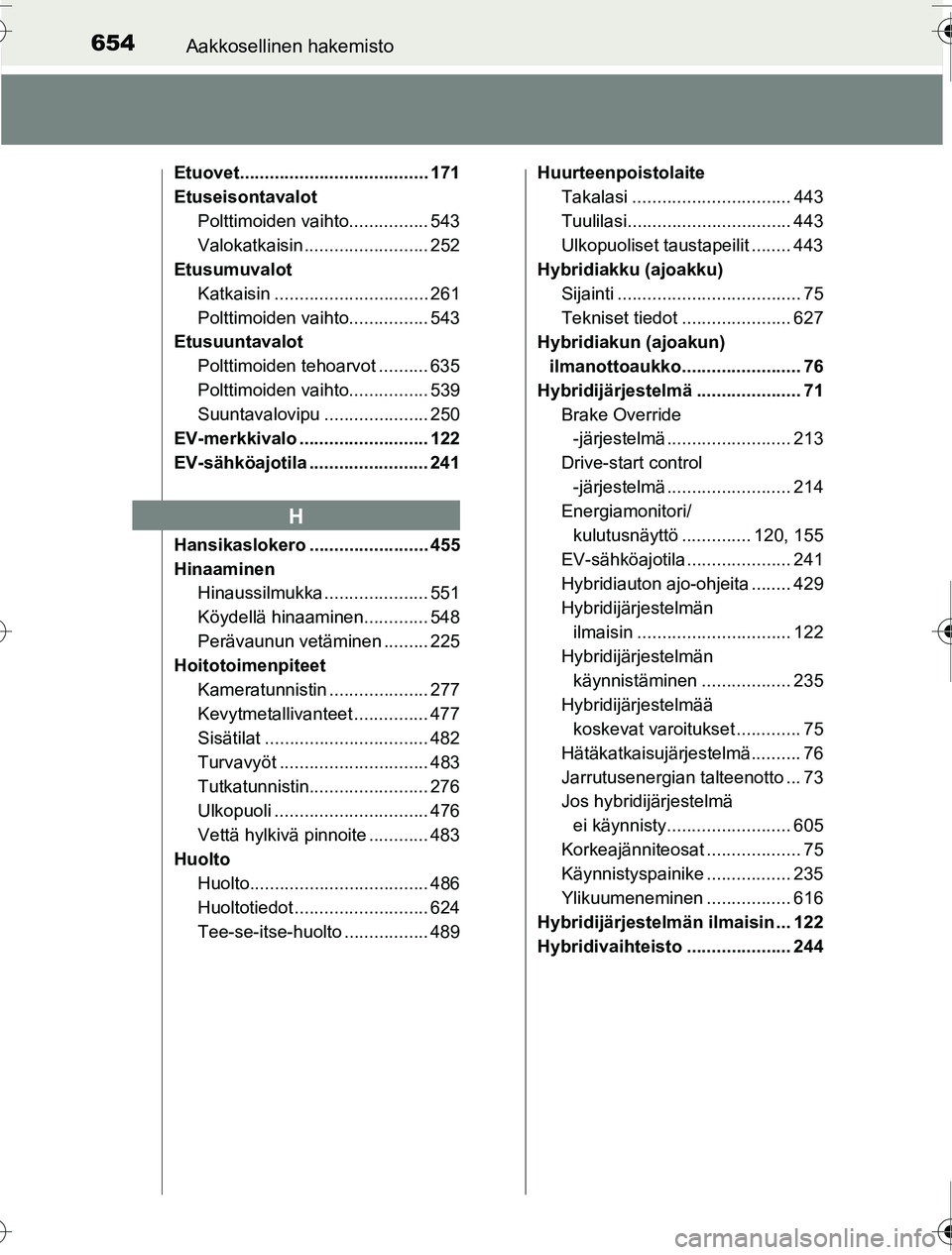 TOYOTA PRIUS 2016 Omistajan Käsikirja (in Finnish) 654Aakkosellinen hakemisto
OM47A31FI
Etuovet...................................... 171
EtuseisontavalotPolttimoiden vaihto................ 543
Valokatkaisin ......................... 252
Etusumuvalot
TOYOTA PRIUS 2016 Omistajan Käsikirja (in Finnish) 654Aakkosellinen hakemisto
OM47A31FI
Etuovet...................................... 171
EtuseisontavalotPolttimoiden vaihto................ 543
Valokatkaisin ......................... 252
Etusumuvalot