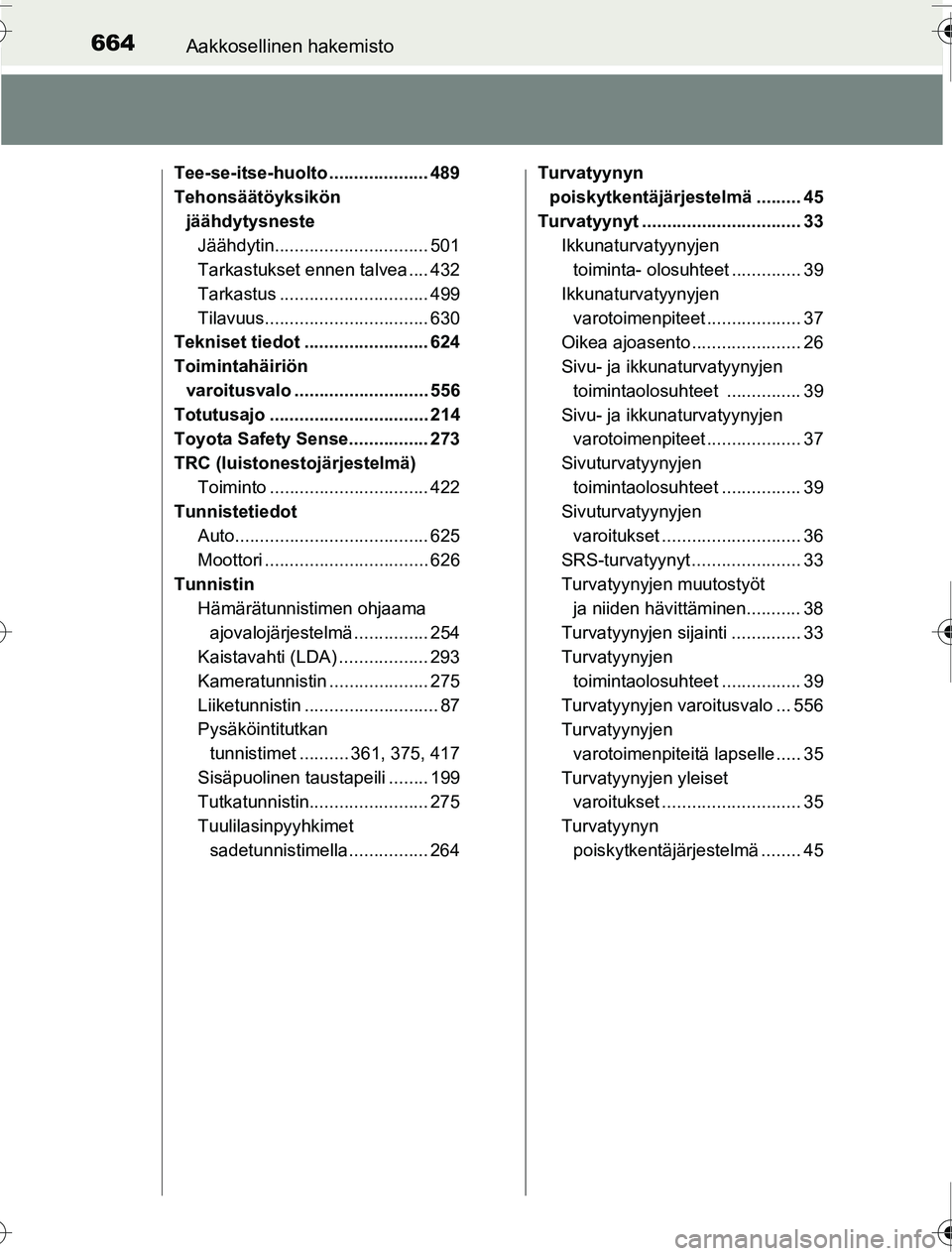 TOYOTA PRIUS 2016  Omistajan Käsikirja (in Finnish) 664Aakkosellinen hakemisto
OM47A31FI
Tee-se-itse-huolto .................... 489
Tehonsäätöyksikön jäähdytysneste Jäähdytin............................... 501
Tarkastukset ennen talvea .... 43