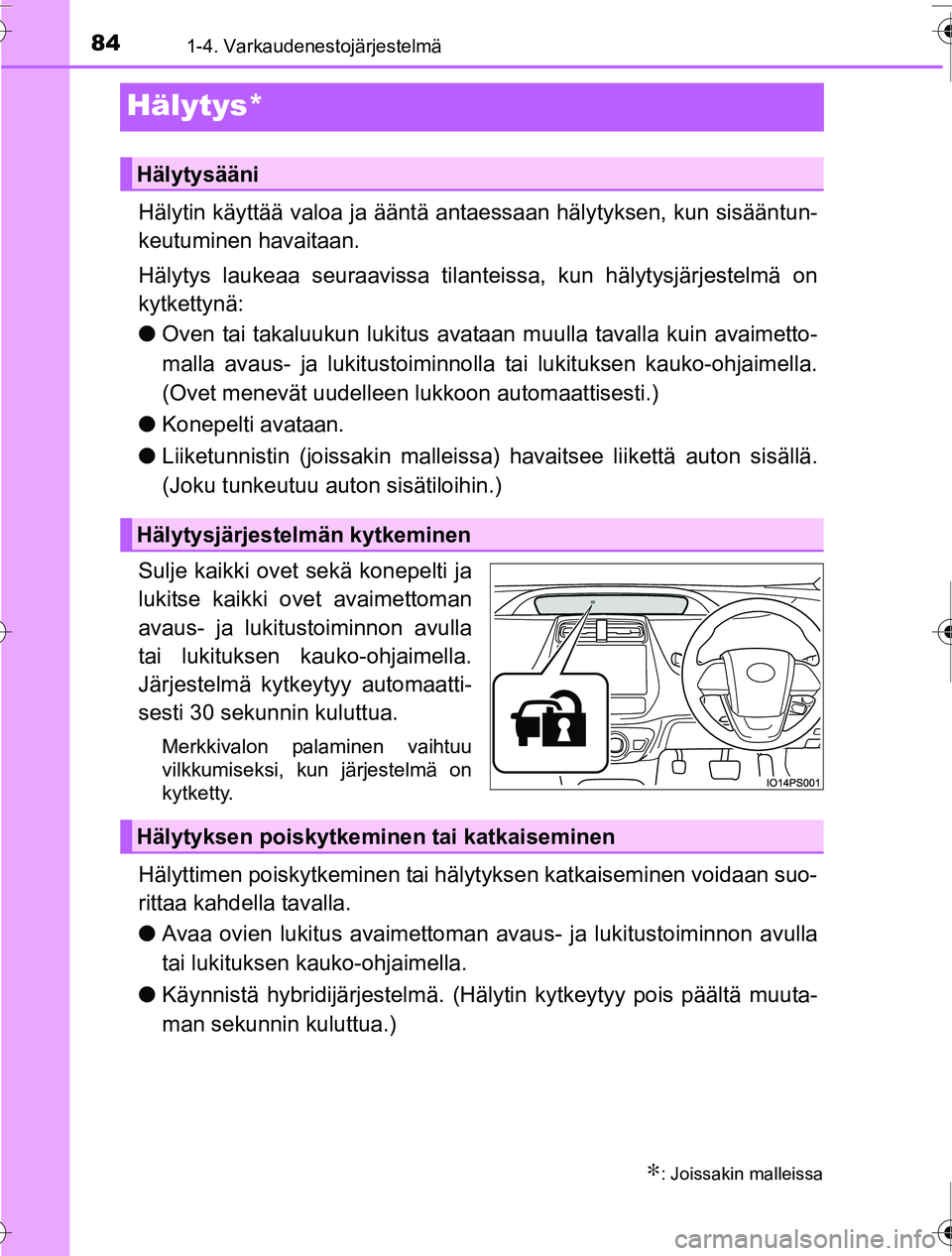 TOYOTA PRIUS 2016 Omistajan Käsikirja (in Finnish) 841-4. Varkaudenestojärjestelmä
OM47A31FI
Hälytys*
Hälytin käyttää valoa ja ääntä antaessaan hälytyksen, kun sisääntun-
keutuminen havaitaan.
Hälytys laukeaa seuraavissa tilant eissa, ku TOYOTA PRIUS 2016 Omistajan Käsikirja (in Finnish) 841-4. Varkaudenestojärjestelmä
OM47A31FI
Hälytys*
Hälytin käyttää valoa ja ääntä antaessaan hälytyksen, kun sisääntun-
keutuminen havaitaan.
Hälytys laukeaa seuraavissa tilant eissa, ku