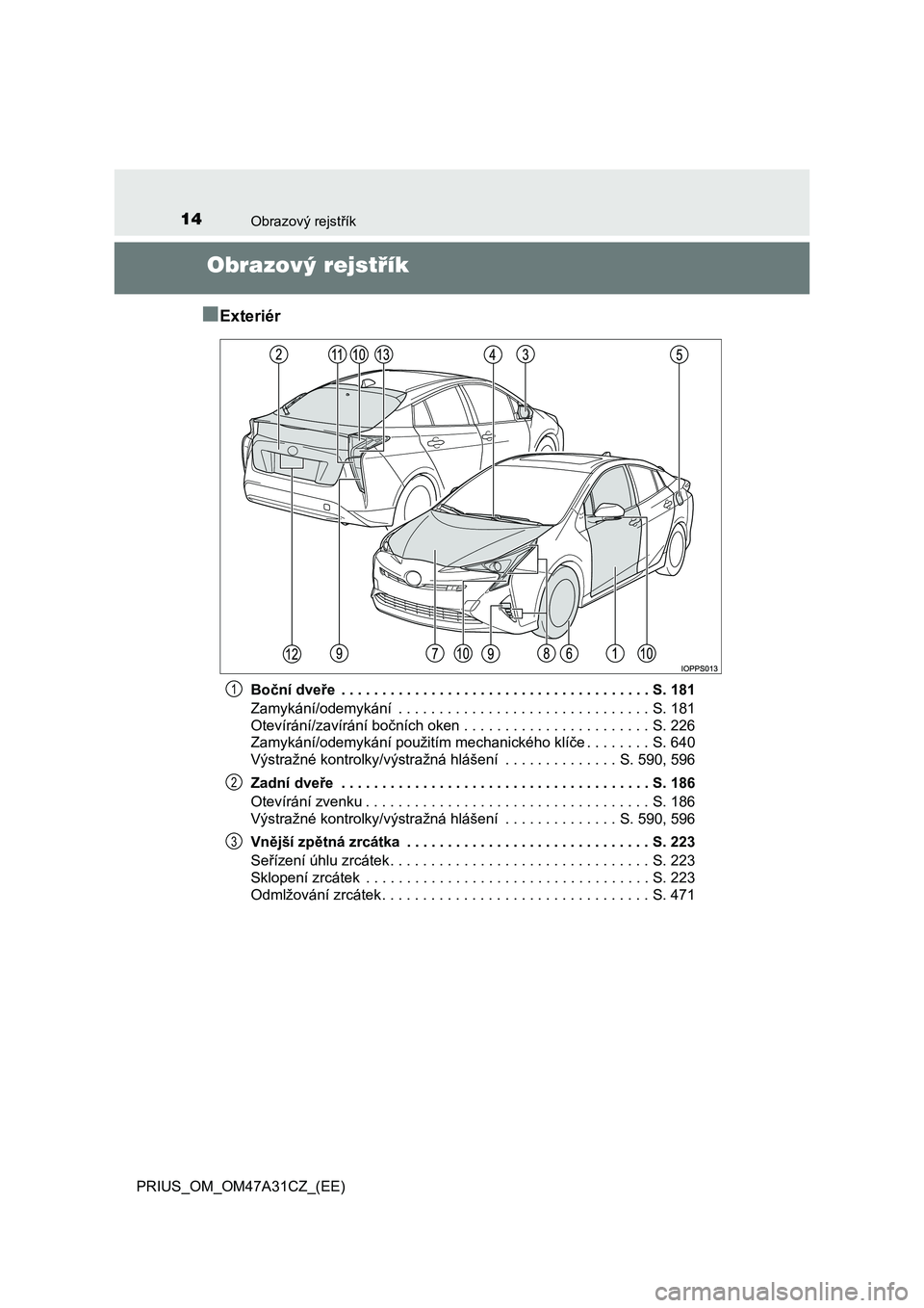 TOYOTA PRIUS 2015 Návod na použití (in Czech) 14Obrazový rejstřík
PRIUS_OM_OM47A31CZ_(EE)
Obrazový rejstřík
■
Exteriér
Boční dveře . . . . . . . . . . . . . . . . . . . . . . . . . . . . . . . . . . . . . . S. 181
Zamykání/odemyká TOYOTA PRIUS 2015 Návod na použití (in Czech) 14Obrazový rejstřík
PRIUS_OM_OM47A31CZ_(EE)
Obrazový rejstřík
■
Exteriér
Boční dveře . . . . . . . . . . . . . . . . . . . . . . . . . . . . . . . . . . . . . . S. 181
Zamykání/odemyká