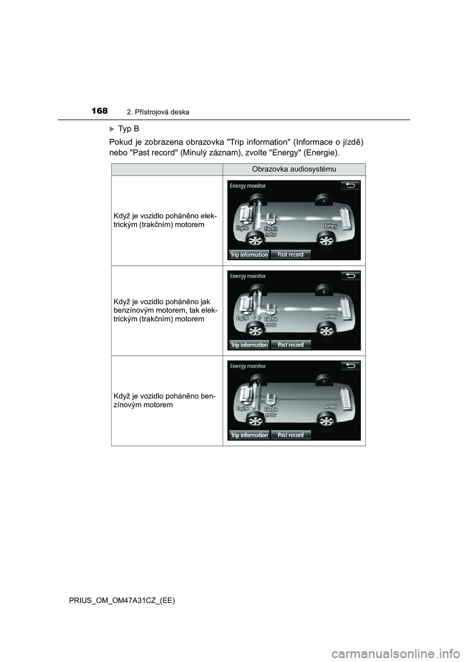 TOYOTA PRIUS 2016  Návod na použití (in Czech) 1682. Přístrojová deska
PRIUS_OM_OM47A31CZ_(EE)
Ty p  B 
Pokud je zobrazena obrazovka "Tri p information" (Informace o jízdě) 
nebo "Past record" (Minulý záznam), zvolte "Energy" (Energie).
