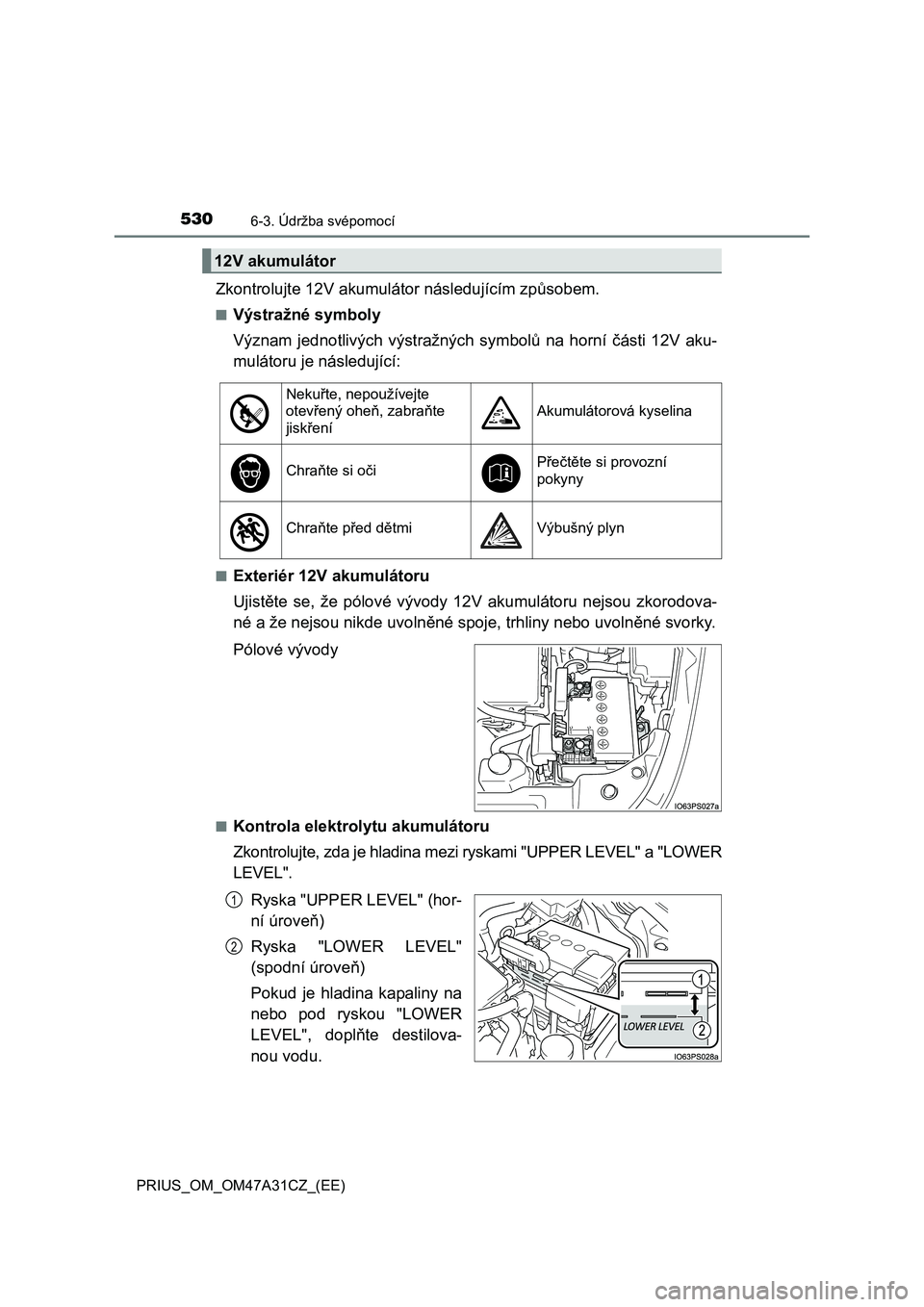 TOYOTA PRIUS 2015 Návod na použití (in Czech) 5306-3. Údržba svépomocí
PRIUS_OM_OM47A31CZ_(EE)
Zkontrolujte 12V akumulátor následujícím způsobem.
■Výstražné symboly
Význam jednotlivých výstražných symbolů na horní části 12V TOYOTA PRIUS 2015 Návod na použití (in Czech) 5306-3. Údržba svépomocí
PRIUS_OM_OM47A31CZ_(EE)
Zkontrolujte 12V akumulátor následujícím způsobem.
■Výstražné symboly
Význam jednotlivých výstražných symbolů na horní části 12V