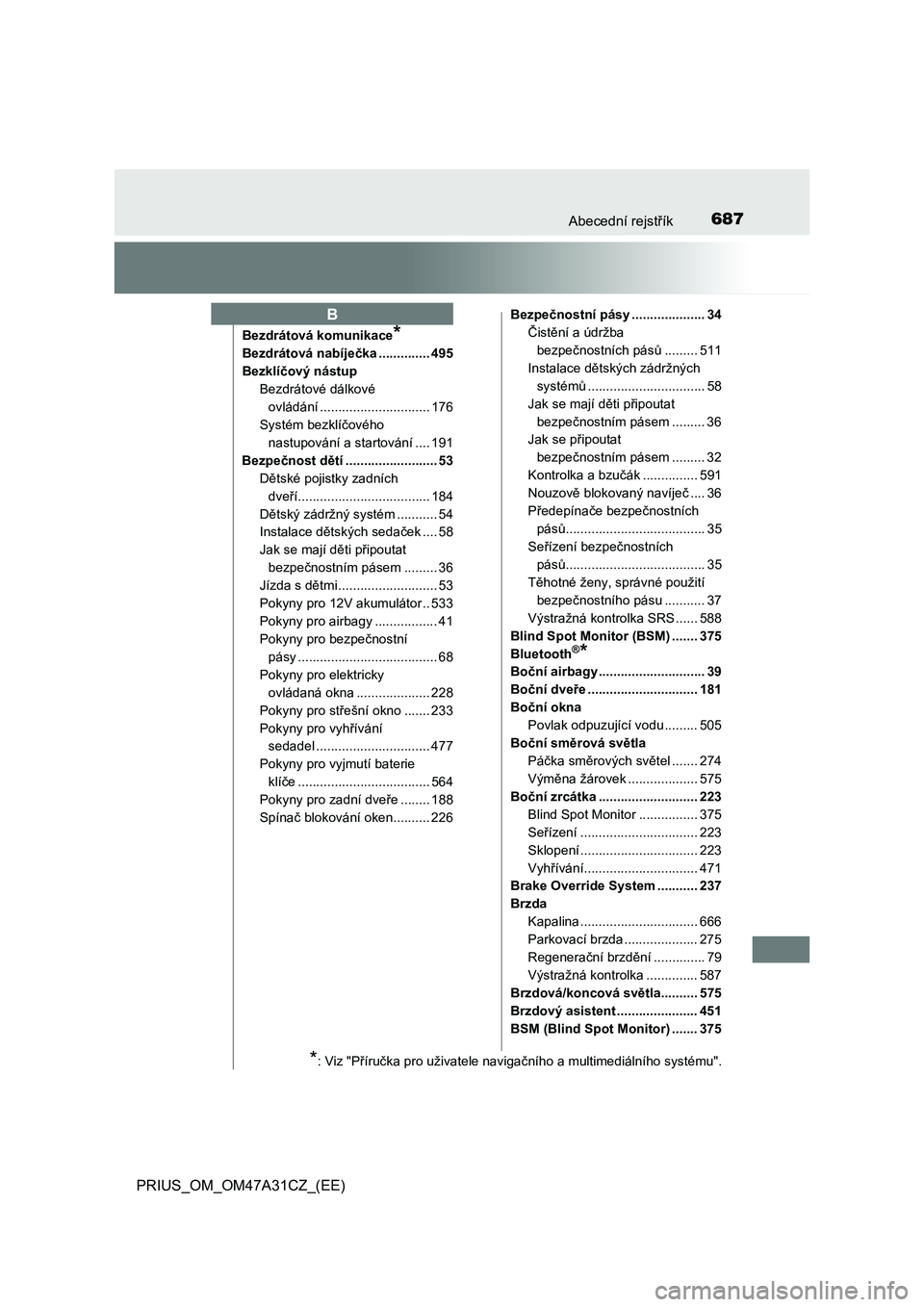 TOYOTA PRIUS 2015  Návod na použití (in Czech) 687Abecední rejstřík
PRIUS_OM_OM47A31CZ_(EE)
Bezdrátová komunikace*
Bezdrátová nabíječka .............. 495
Bezklíčový nástup
Bezdrátové dálkové 
ovládání .........................