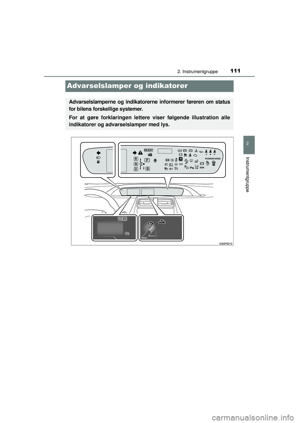 TOYOTA PRIUS 2015  Brugsanvisning (in Danish) 111
2
2. Instrumentgruppe
Instrumentgruppe
OM47A31DK
Advarselslamper og indikatorer
Advarselslamperne og indikatorerne informerer føreren om status
for bilens forskellige systemer.
For at gøre forkl