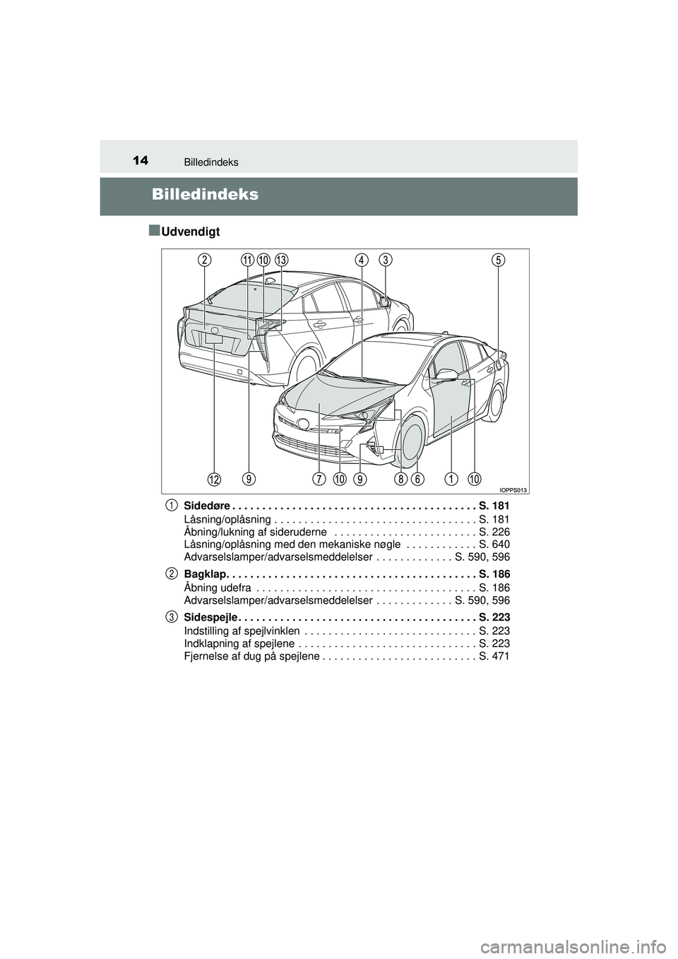 TOYOTA PRIUS 2015 Brugsanvisning (in Danish) 14Billedindeks
OM47A31DK
Billedindeks
â–
Udvendigt
Sidedøre . . . . . . . . . . . . . . . . . . . . . . . . . . . . . . . . . . . . . . . . . S. 181
Låsning/oplåsning . . . . . . . . . . . . . . . TOYOTA PRIUS 2015 Brugsanvisning (in Danish) 14Billedindeks
OM47A31DK
Billedindeks
â–
Udvendigt
Sidedøre . . . . . . . . . . . . . . . . . . . . . . . . . . . . . . . . . . . . . . . . . S. 181
Låsning/oplåsning . . . . . . . . . . . . . . .
