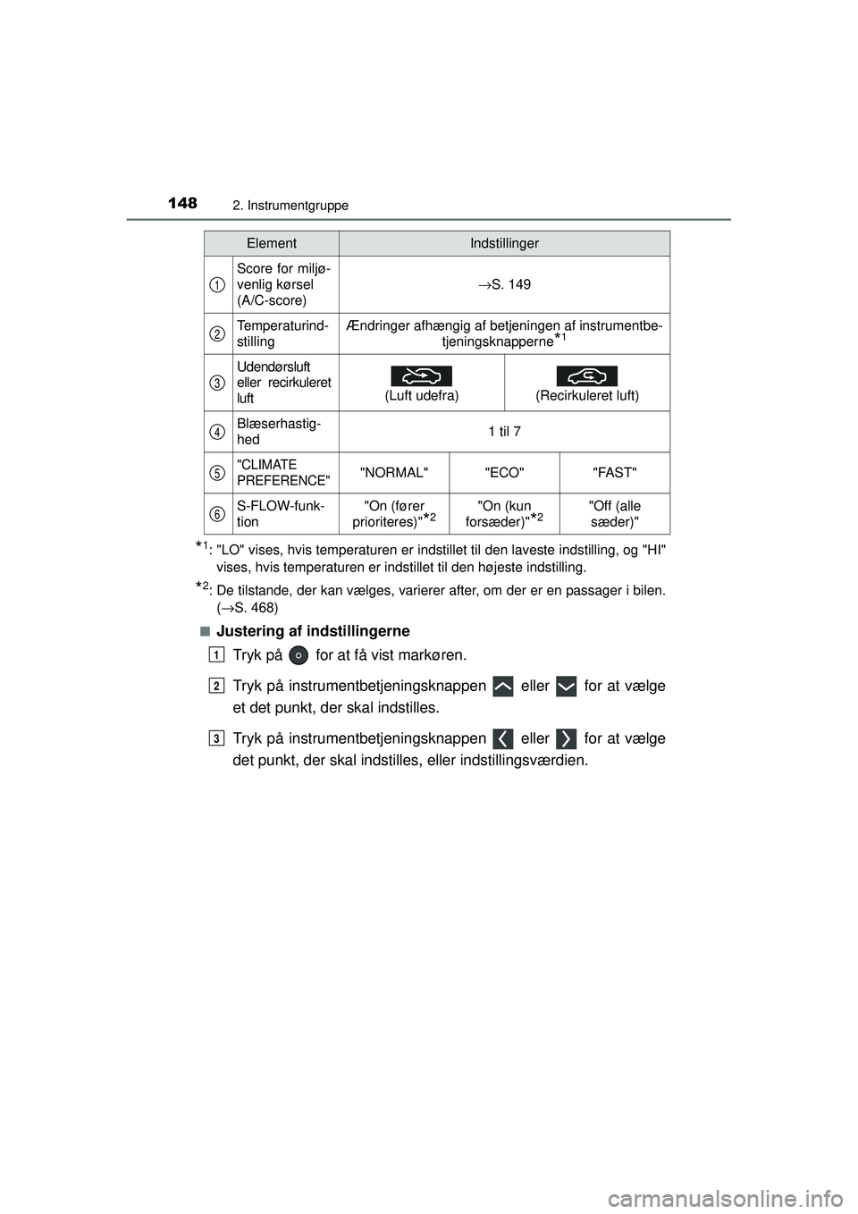 TOYOTA PRIUS 2015 Brugsanvisning (in Danish) 1482. Instrumentgruppe
OM47A31DK
*1: "LO" vises, hvis temperaturen er indstillet til den laveste indstilling, og "HI"vises, hvis temperaturen er indstillet til den højeste indstilling.
*2: De tilstan TOYOTA PRIUS 2015 Brugsanvisning (in Danish) 1482. Instrumentgruppe
OM47A31DK
*1: "LO" vises, hvis temperaturen er indstillet til den laveste indstilling, og "HI"vises, hvis temperaturen er indstillet til den højeste indstilling.
*2: De tilstan